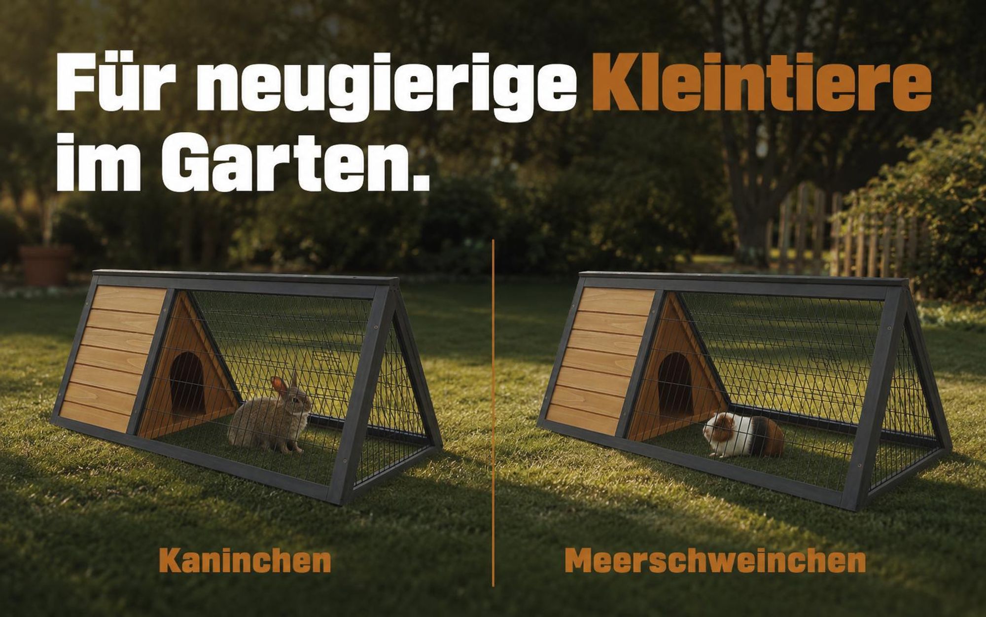 Hasenstall Kaninchenstall Dreieck Moritz 096 | 115 x 56,5 x 48 cm | Massivholz Kiefer | Winterfest & Wetterfest | Freilaufgehege Braun-Grau