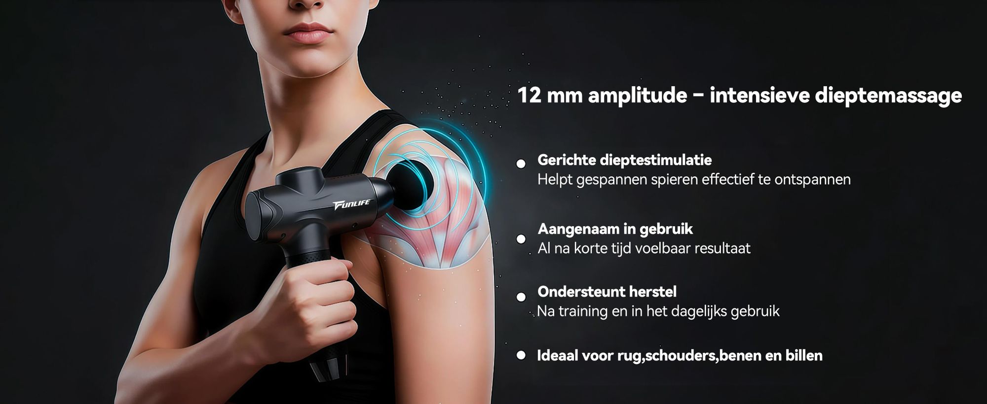 FunLife M6 massagepistool & fasciepistool – 12 mm amplitude, 3200 omwentelingen per minuut, 10 standen, 6 massagekoppen, USB-C, stille werking <45 dB