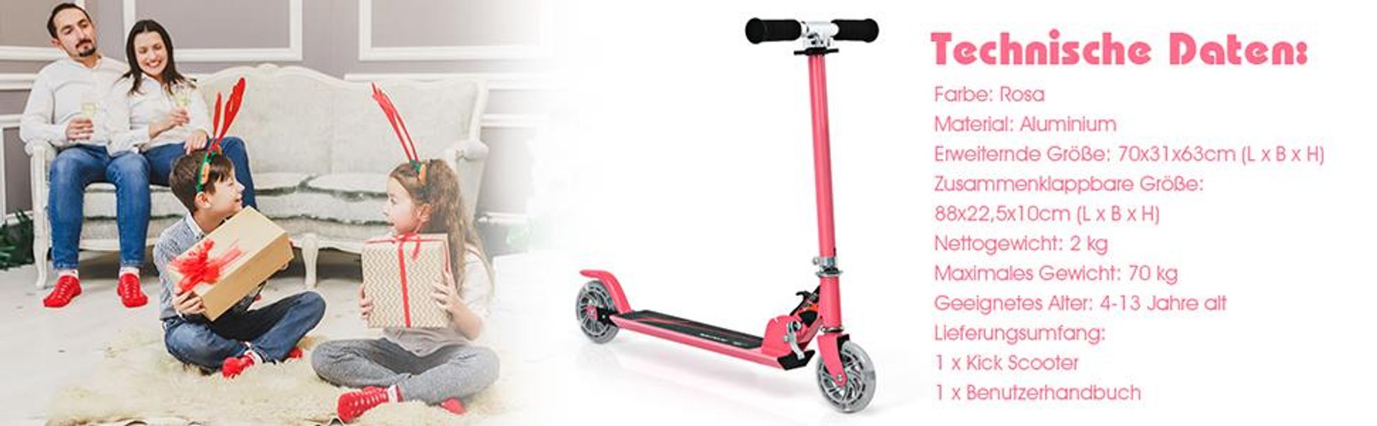 COSTWAY Kinder Roller mit LED Rädern, Cityroller höhenverstellbar, Kinder Scooter für Kinder ab 4+, Kinder Kickscooter, Tretroller für Junge & Mädchen