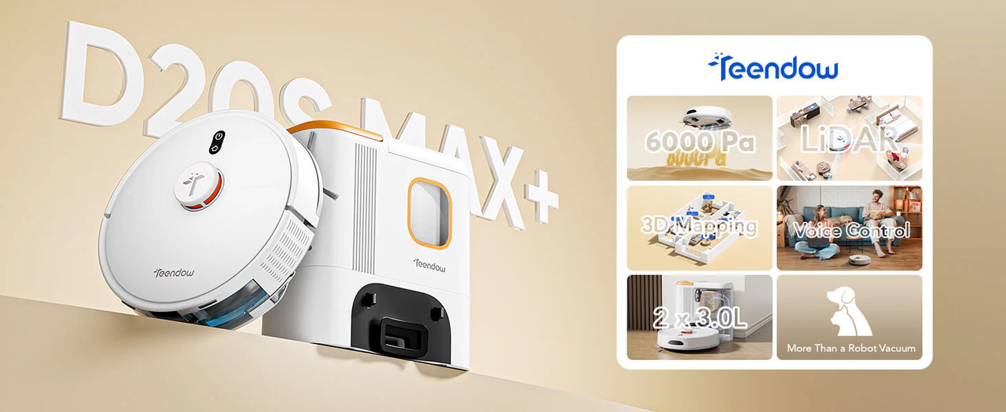 Teendow D20S Max Saugroboter mit Wischfunktion, 6000Pa, LiDAR, Selbstentleerung, App & Sprachsteuerung, 3-in-1, Weiß