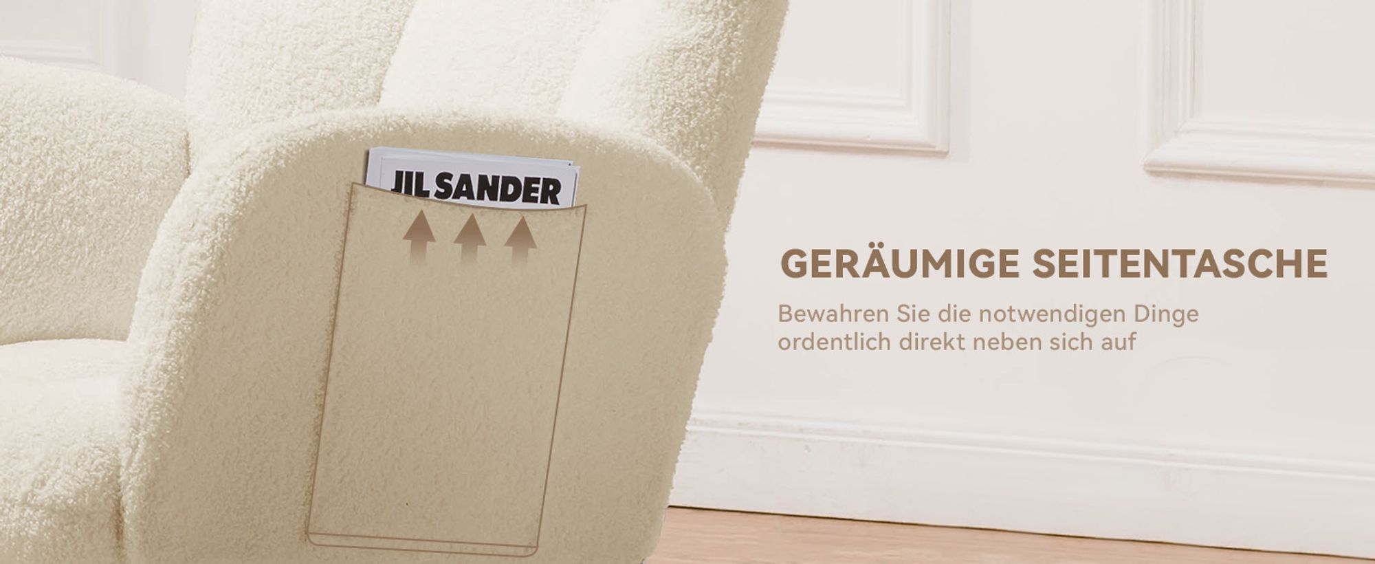 COMHOMA Schaukelstuhl, Relaxsessel mit Armlehnen, Ohrensessel aus Teddy-Plüsch Schaukelsessel, bis 150 kg belastbar für Schlafzimmer, Wohnzimmer beige