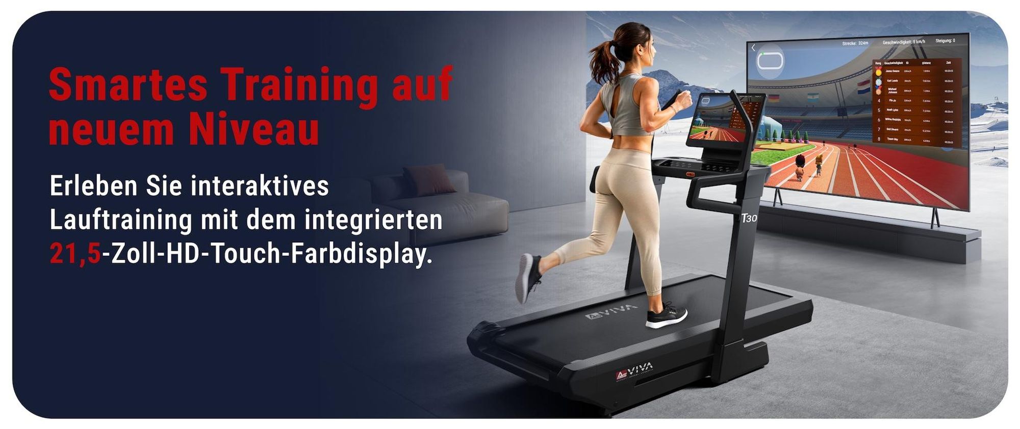 Laufband klappbar AsVIVA T30 Heimtrainer bis 20 km/h -6% bis 46% Steigung mit 21,5" Touchdisplay Bluetooth bis 150kg