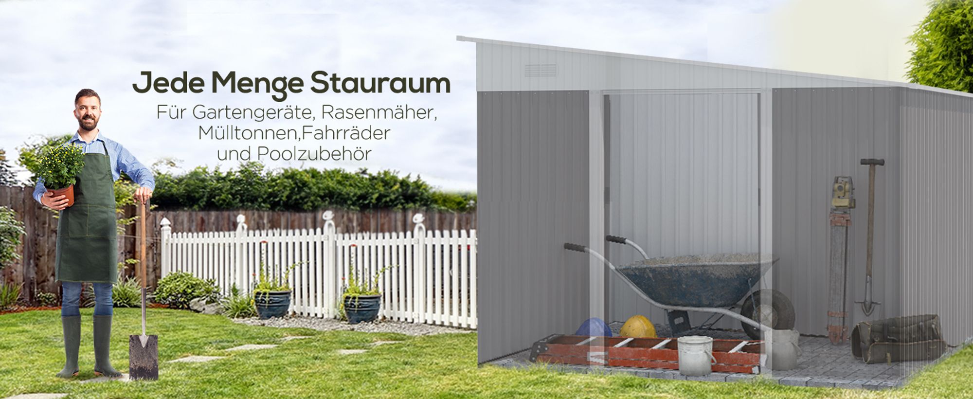 Outsunny 8,9 ㎡ Gerätehaus Stahl-Geräteschuppen mit Pultdach, Schiebetür, Grau