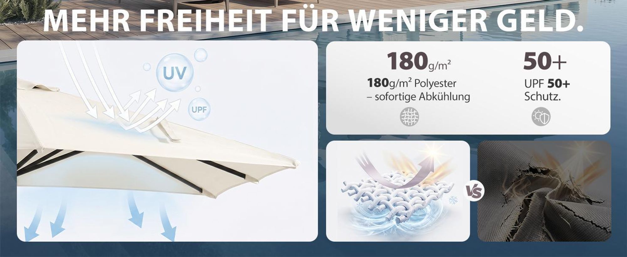 Sekey Rechteckiger Sonnenschirm 300 x 200 cm, Balkonschirm & Terrassenschirm mit Kurbel, UV50+ Sonnenschutz für Garten, Balkon und Terrasse