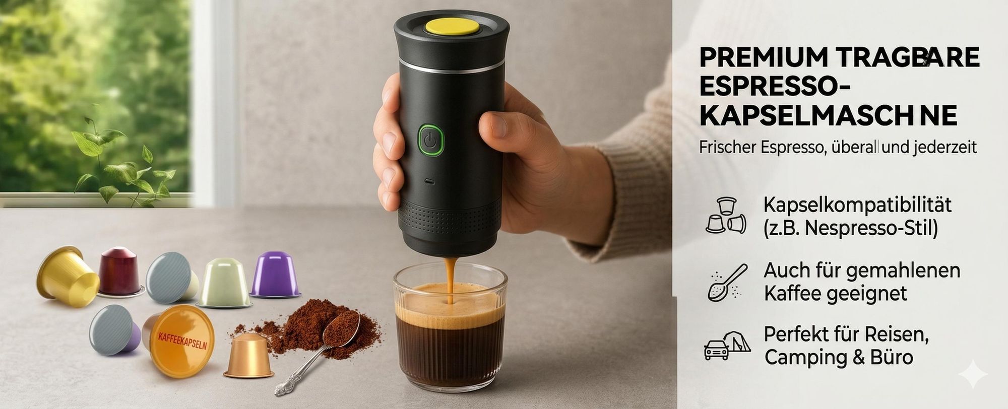 Tragbare 3-in-1 20 Bar Druck Espressomaschine, Mini Kaffeemaschine mit USB-C Aufladung - ESPRESSNA