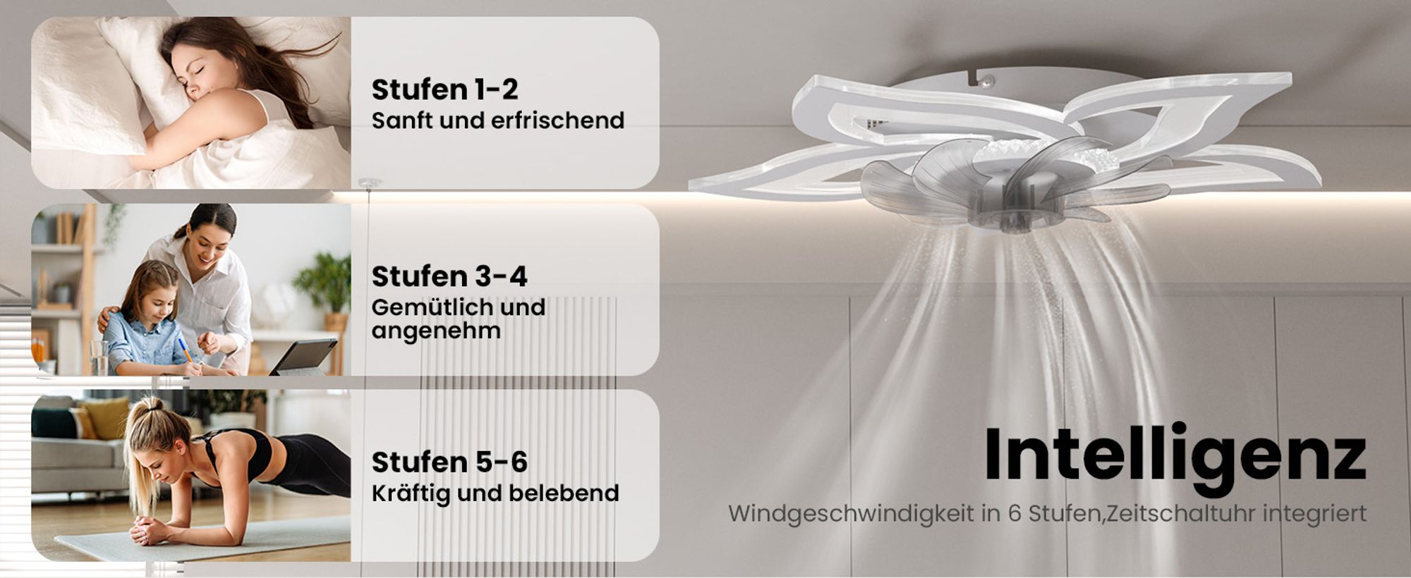 Heilmetz Deckenventilator mit Beleuchtung, Ø 69 cm, 3 Lichtfarben Dimmbar, 6 Geschwindigkeiten, Leiser LED Lüfter mit Fernbedienung, Weiß