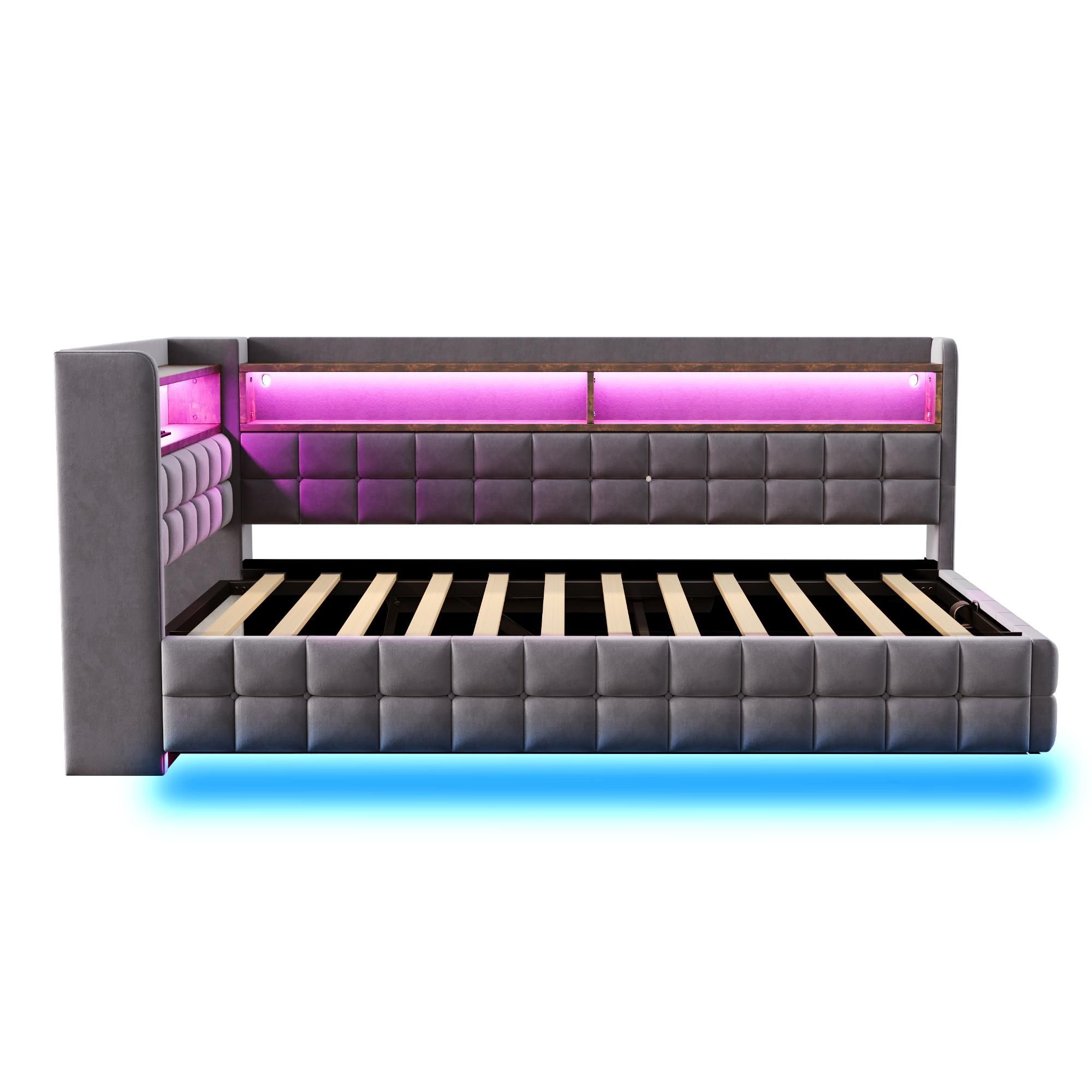 Merax Polsterbett Schlafsofa 90x200cm mit LED-Beleuchtung, Tagesbett mit Hydraulischer Stauraum und Holzregal, USB-Ladeanschlüsse, Samtstoff, Grau