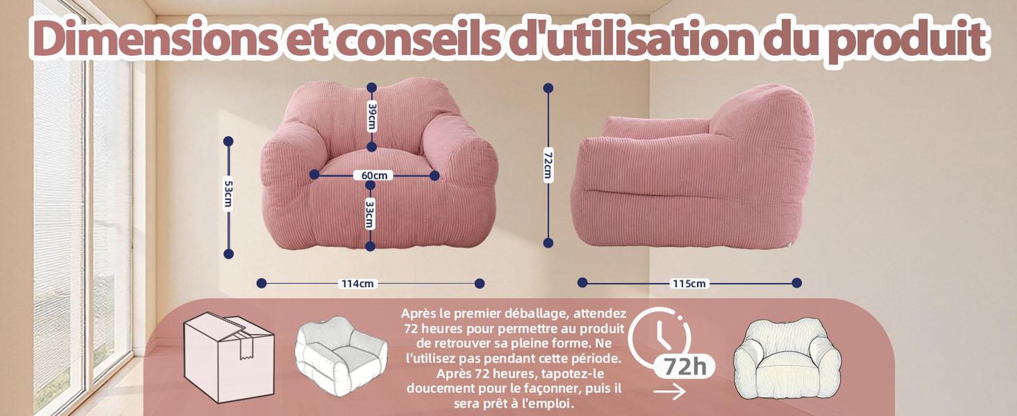 Pouf XXL pour adulte avec rembourrage en mousse, canapé de sol carré