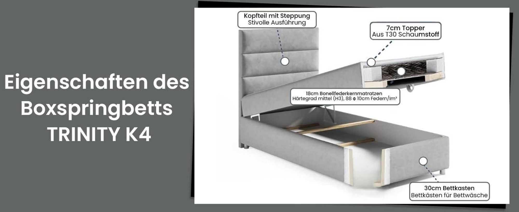 Boxspringbett mit Bettkasten Trinity K-4 SINGLE Bonellfederkern inkl. Topper, mit Lieferung 80x200-BEIGE