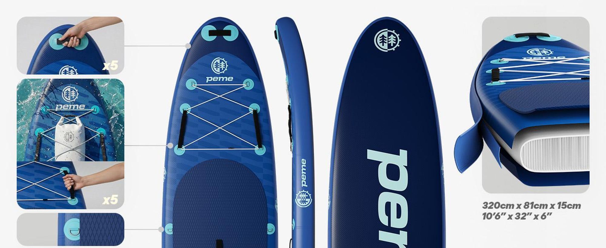 Tavola da stand up paddle PEME - Deep Water - 350 cm - Doppia pagaia e accessori completi, SUP, tavola da surf gonfiabile - Blu