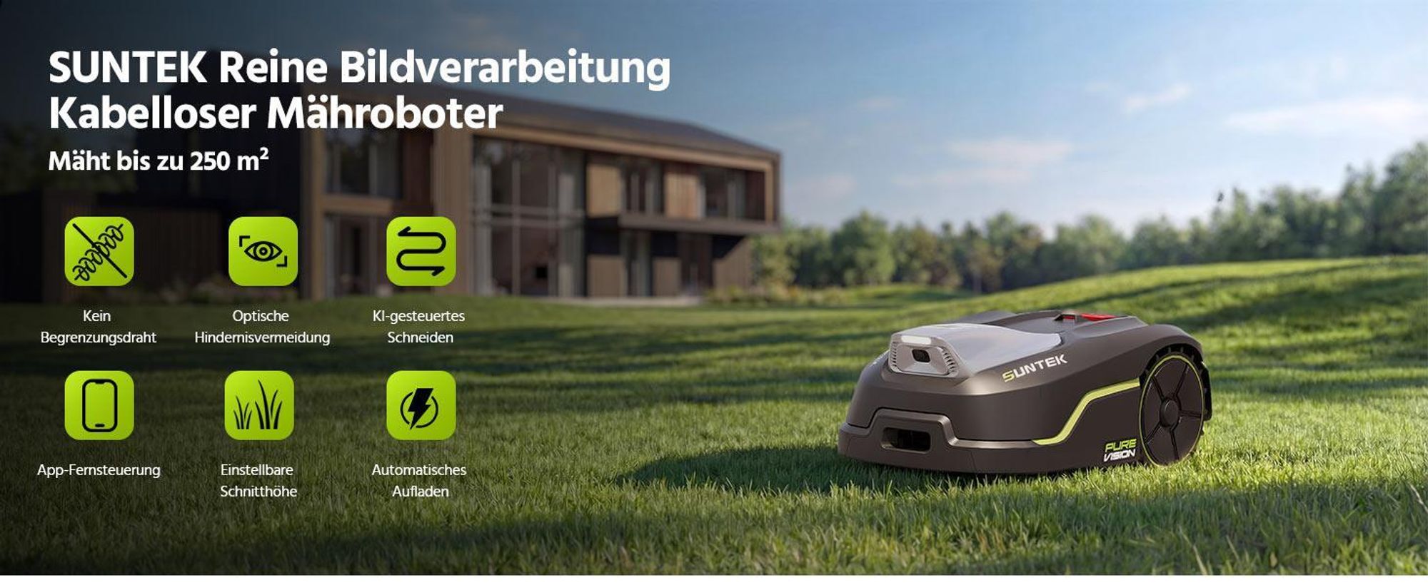 SUNTEK SRM2025 Mähroboter ohne Begrenzungskabel, KI Pure Vision Rasenmäher Roboter für 250 m² mit automatischer Kartierung,APP-Steuerung mit Garage