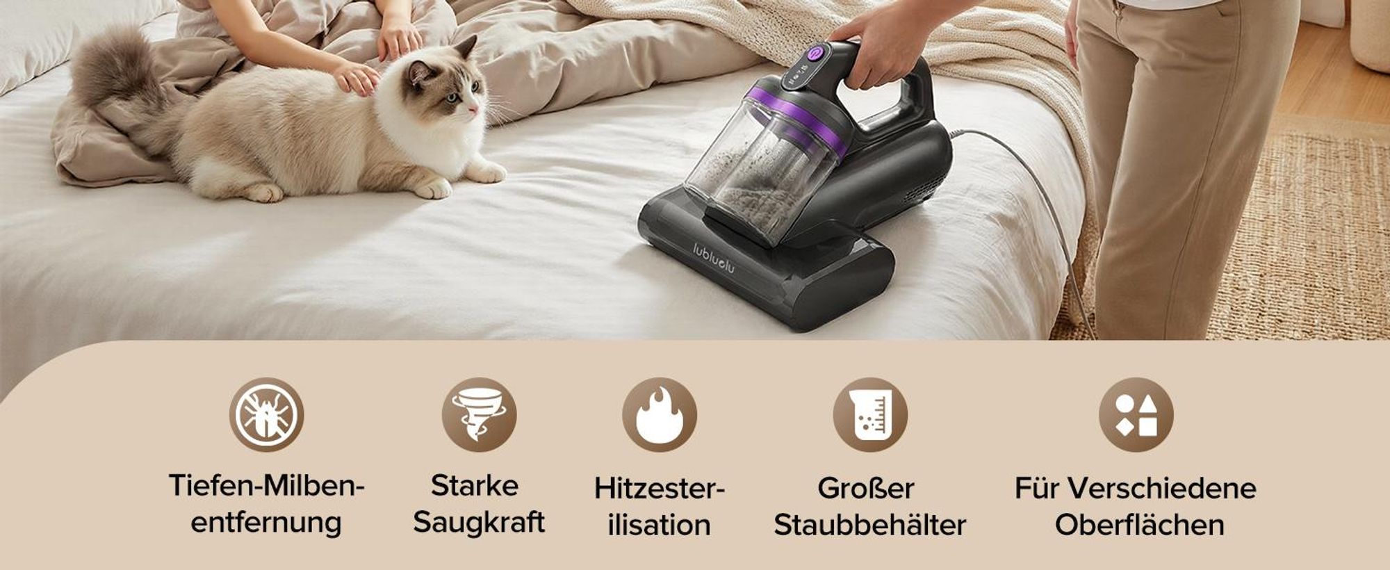 Lubluelu Milbensauger 3in1 für Matratzen, 18KPa Starke Saugleistung, Matratzenreiniger gegen Milben, Staub und Allergene, Handstaubsauger für Bett