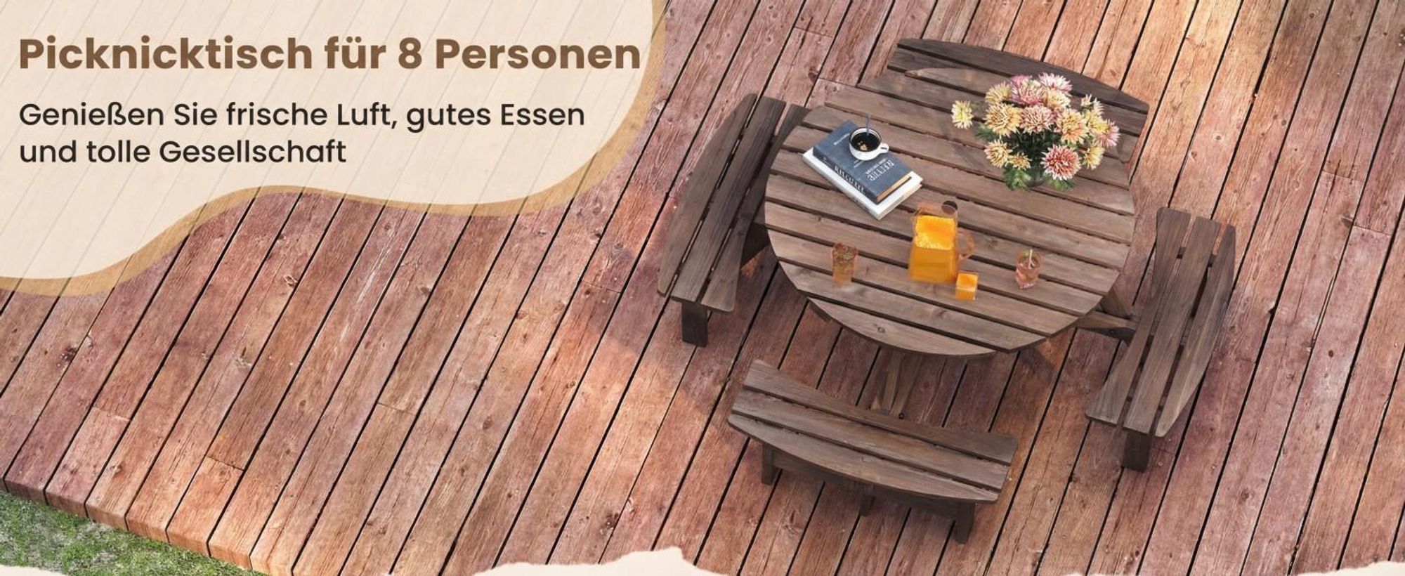 COSTWAY Gartenmöbel-Set für 8 Personen, Gartentisch mit Schirmloch & 4 Bänken, Picknicktisch Set rund, Sitzgarnitur Holz, Sitzgruppe Gelb