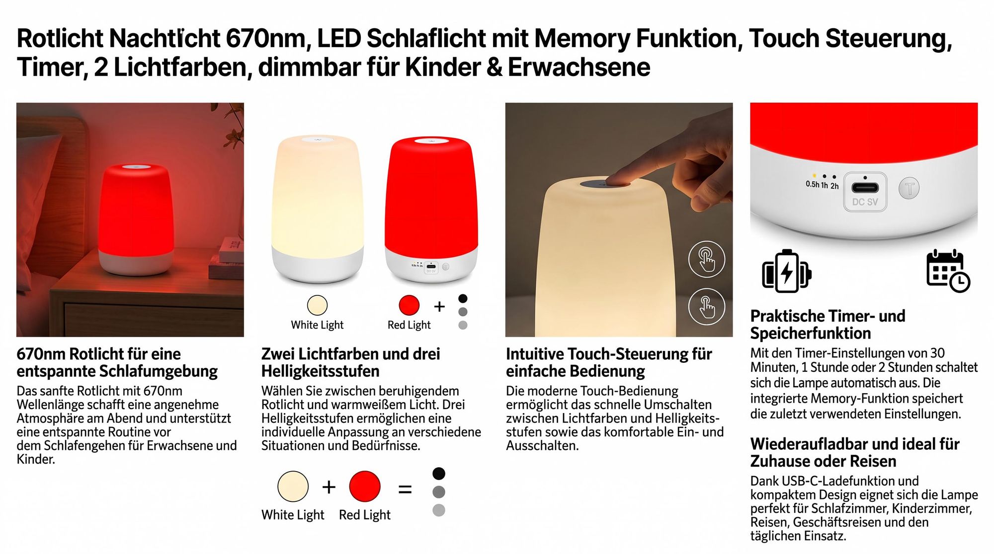 Rotlicht Nachtlicht 670nm, LED Schlaflicht mit Memory Funktion, Touch Steuerung, Timer, 2 Lichtfarben, dimmbar für Kinder & Erwachsene