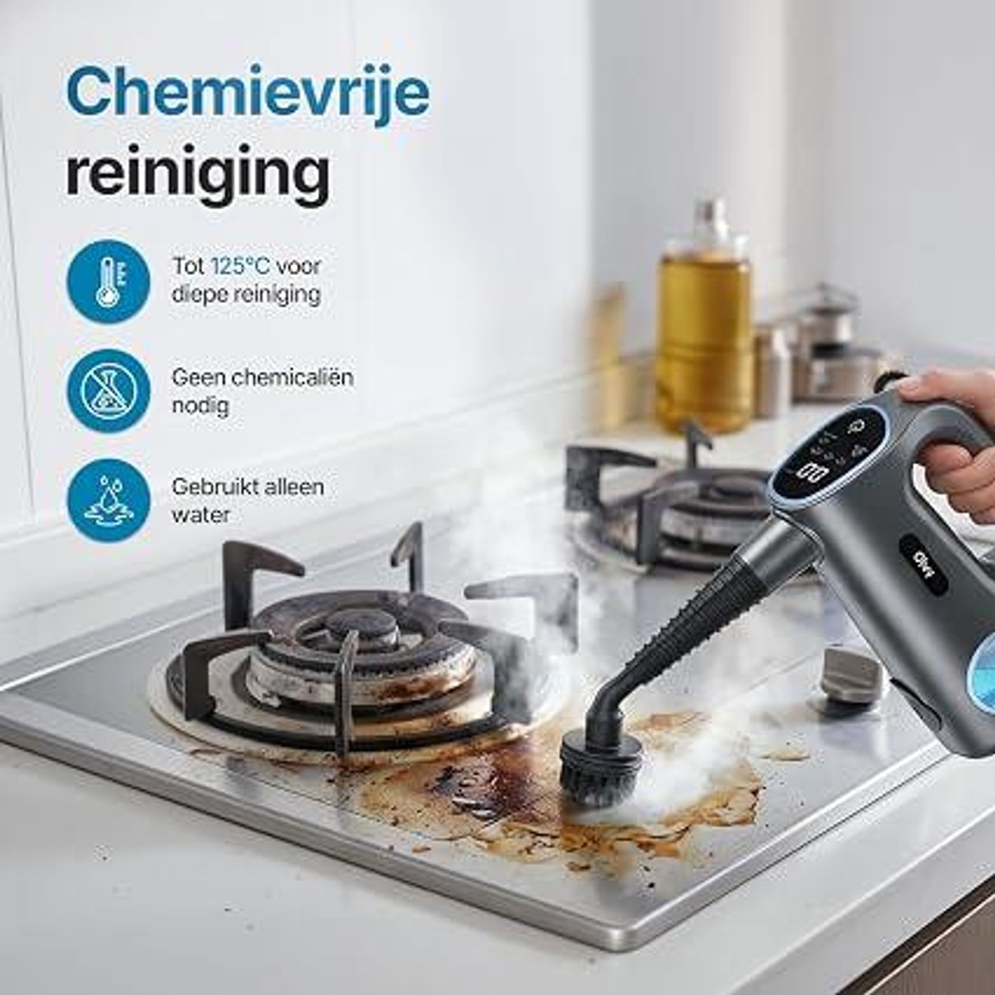 Olvy 14-in-1 stoomreiniger met dweilfunctie en touchscreen – 125 °C stoom – Handheld stoomreiniger voor tapijten, banken en harde vloeren – 5 meter kabel