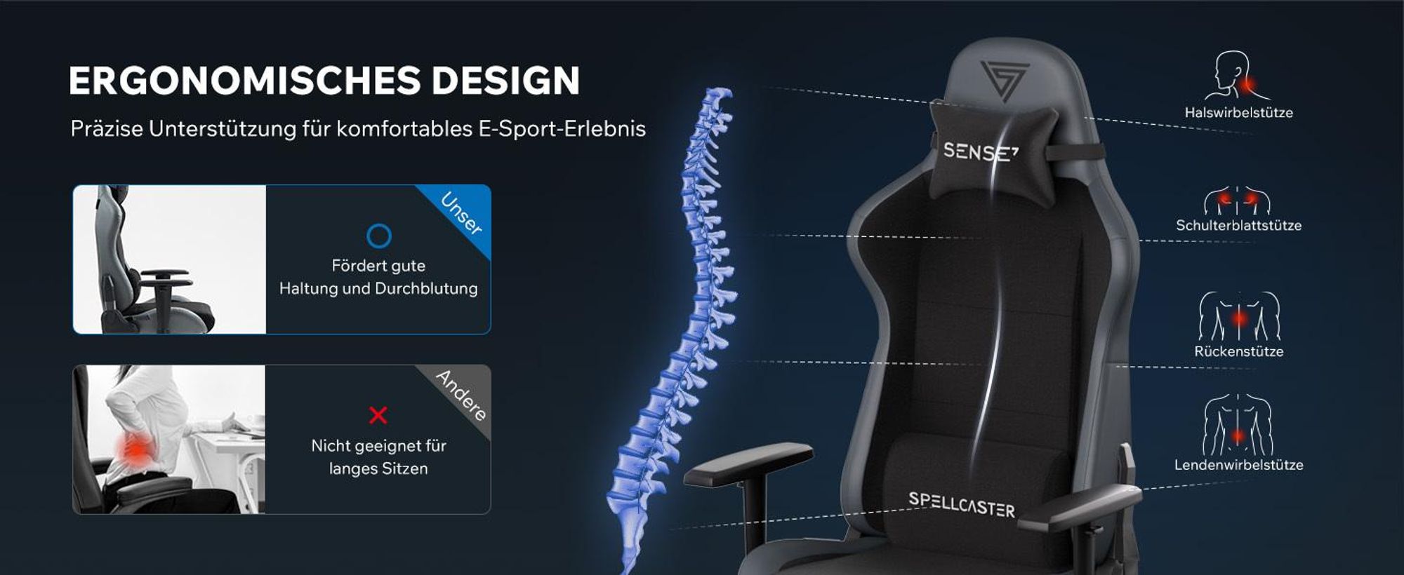 Sense7 Spellcaster FUKU Gamingstuhl, Gaming Sessel, Bürostuhl, Ergonomisch Schreibtischstuhl, Drehstuhl mit Kopfstützen bis zu 120 kg, Stoff, Schwarz