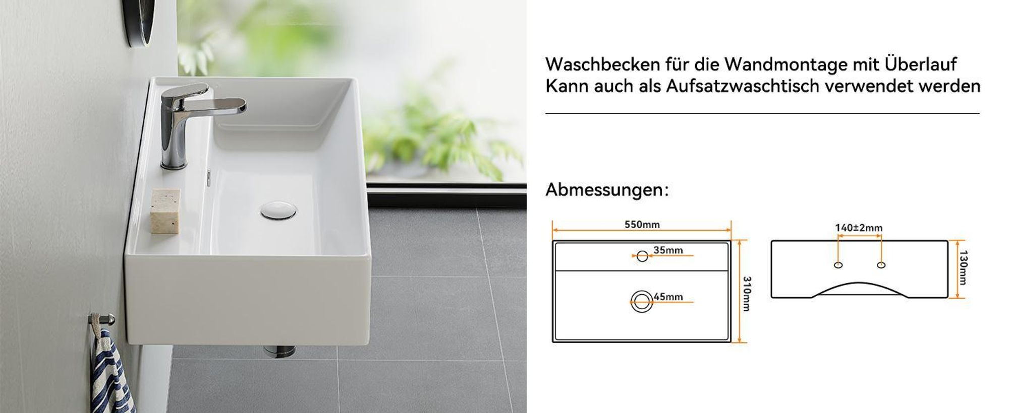 HOROW 55 x 31 cm Waschbecken mit Keramik Pop-up Ablauf, dünnem Rand, Rechteckig Bad Hängewaschbecken, Aufsatzwaschbecken mit Hahnloch und Überlauf