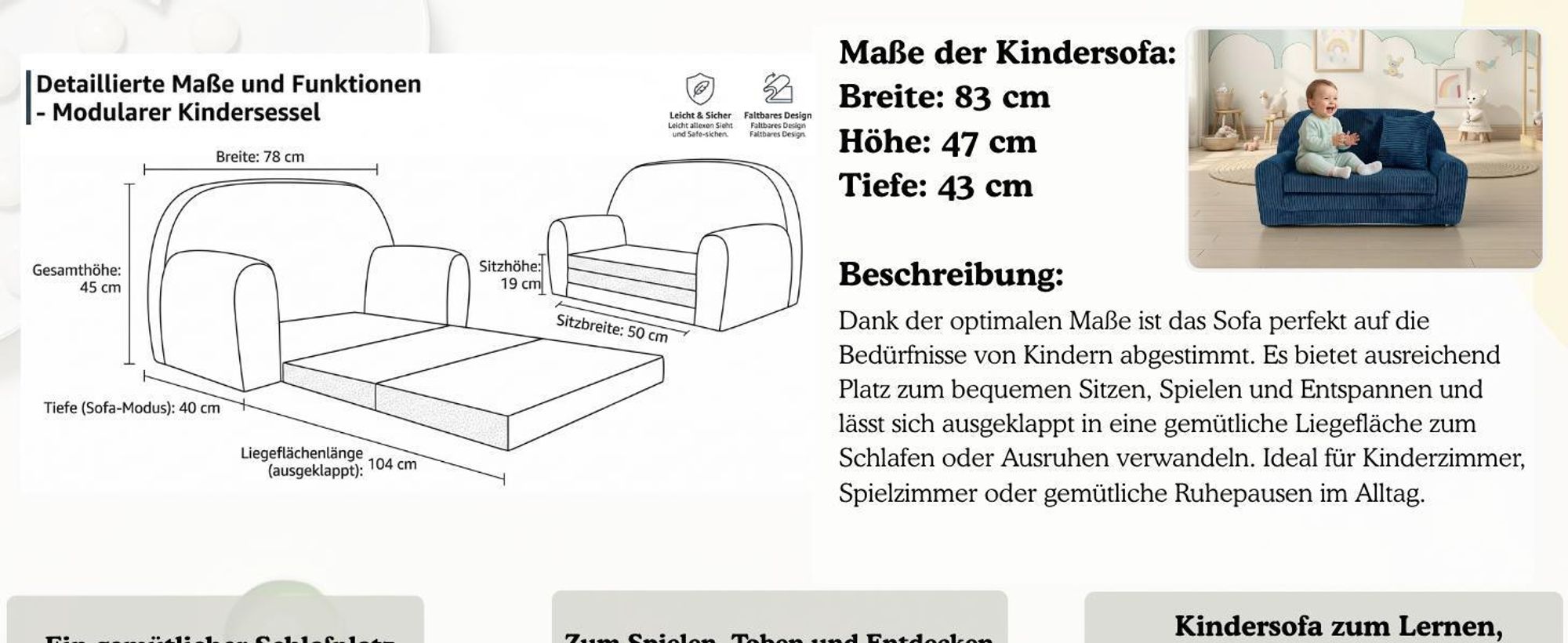 Mini-Kindersofa - Kindersofa aus Cord in Hellgrau abnehmbarer waschbarer Bezug ausklappbar  Kuschelcouch für Kinder