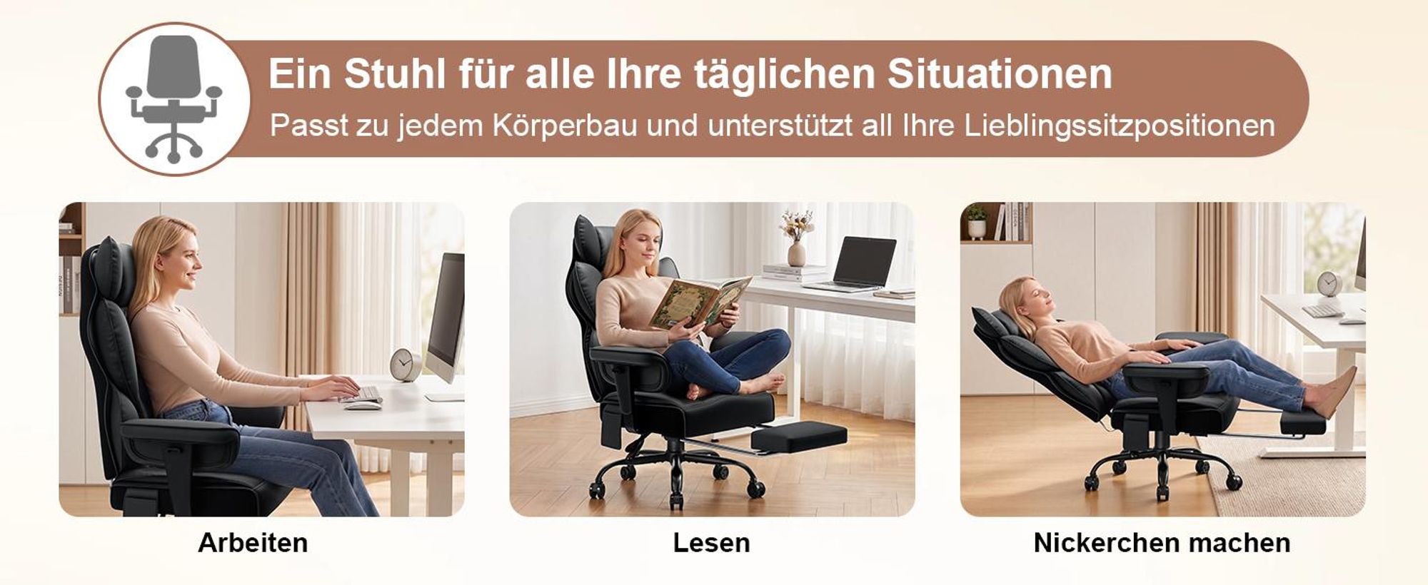 HOFFREE Bürostuhl Ergonomisch mit 7-Punkt-Vibrationsmassage & Lendenheizung, 155° neigbar, Heizfunktion, hoher Rücken, belastbar bis 200 kg, Schwarz