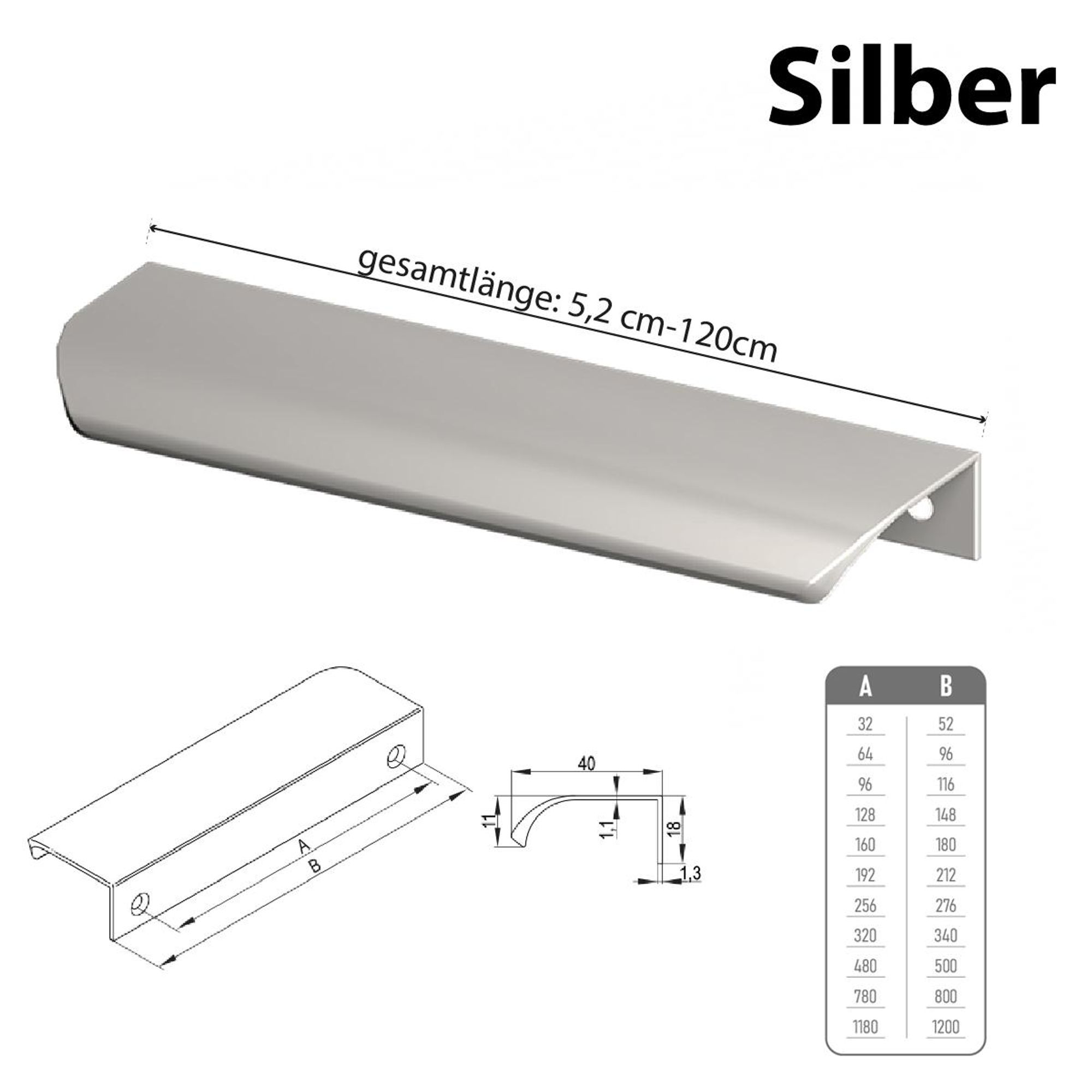 Aluminium Möbelgriff Griffleiste Silber 500 mm - Bohrlochabstand 480 mm - Modernes Design