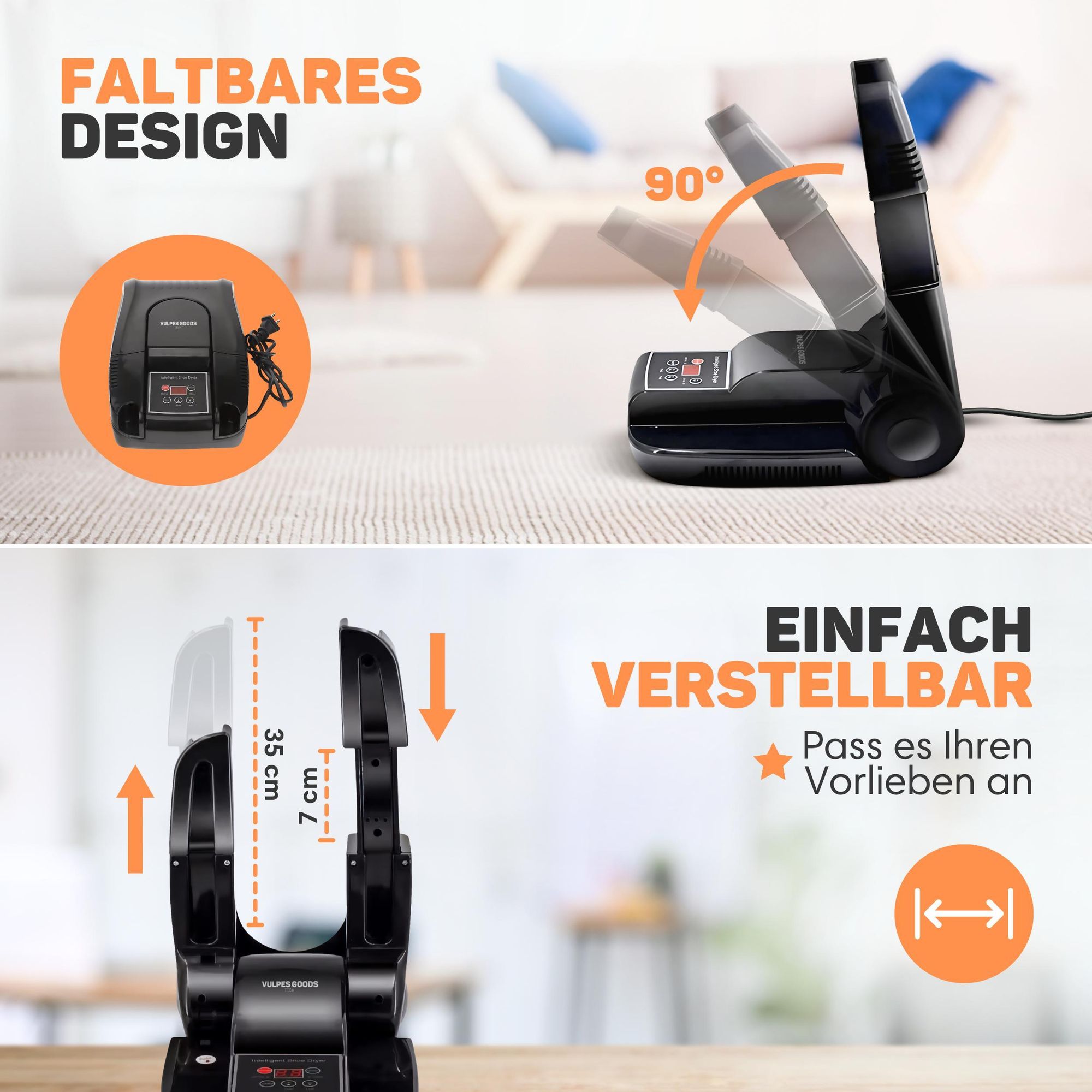 Vulpes Goods Pro Schuhtrockner elektrisch 30-Minuten-Schnelltrocknung | faltbarer Fußsohlenwärmer mit 10 Duftkugeln - Ozon-Funktion & Digitalanzeige