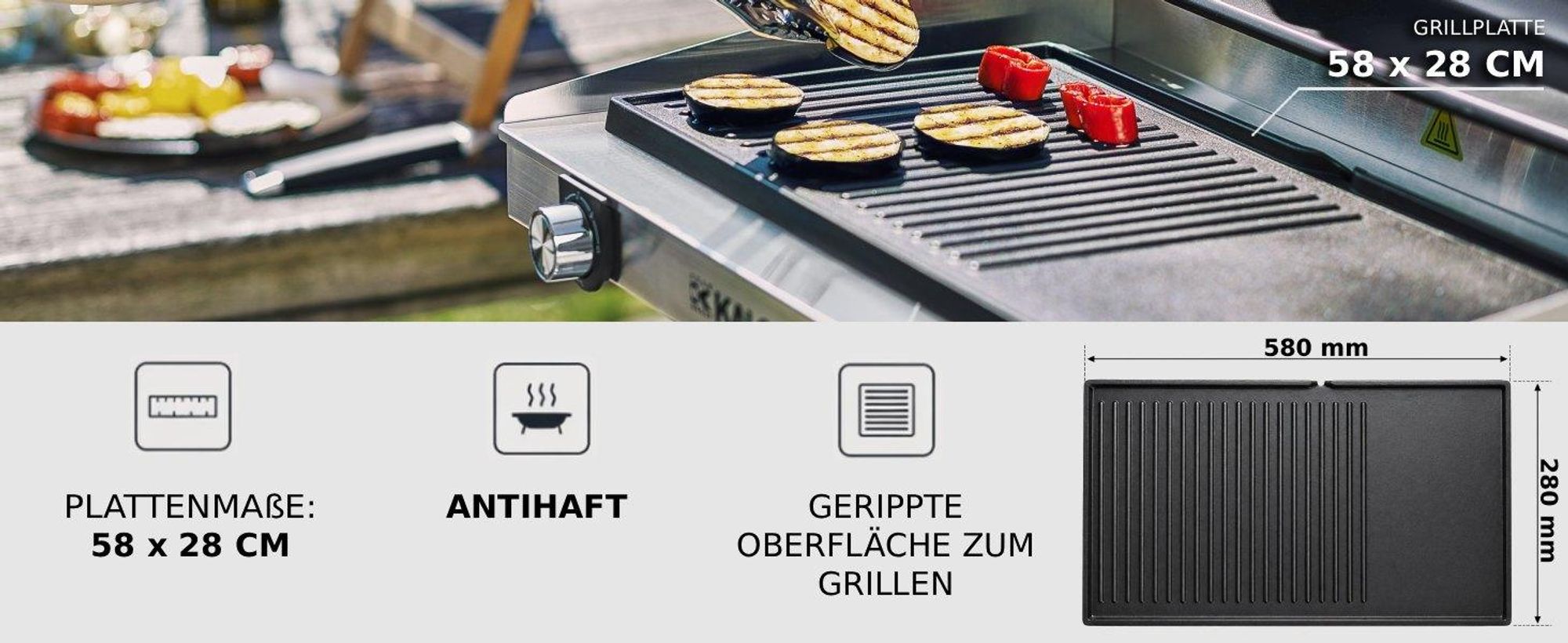 KALORIK Elektrogrill inkl. Abdeckung Edelstahl Gartengrill Barbecue-Grill Standgrill 2500W – XXL-Grillplatte 2 Zonen 58 cm IPX4