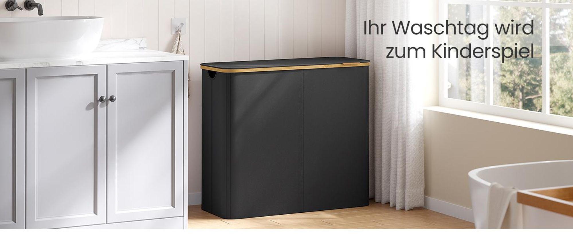 SONGMICS Wäschekorb mit Deckel, Wäschesammler mit 4 Fächern, 200 L, herausnehmbarer Wäschesack, Oxford-Gewebe, Griffe aus Bambus, zusammenklappbar