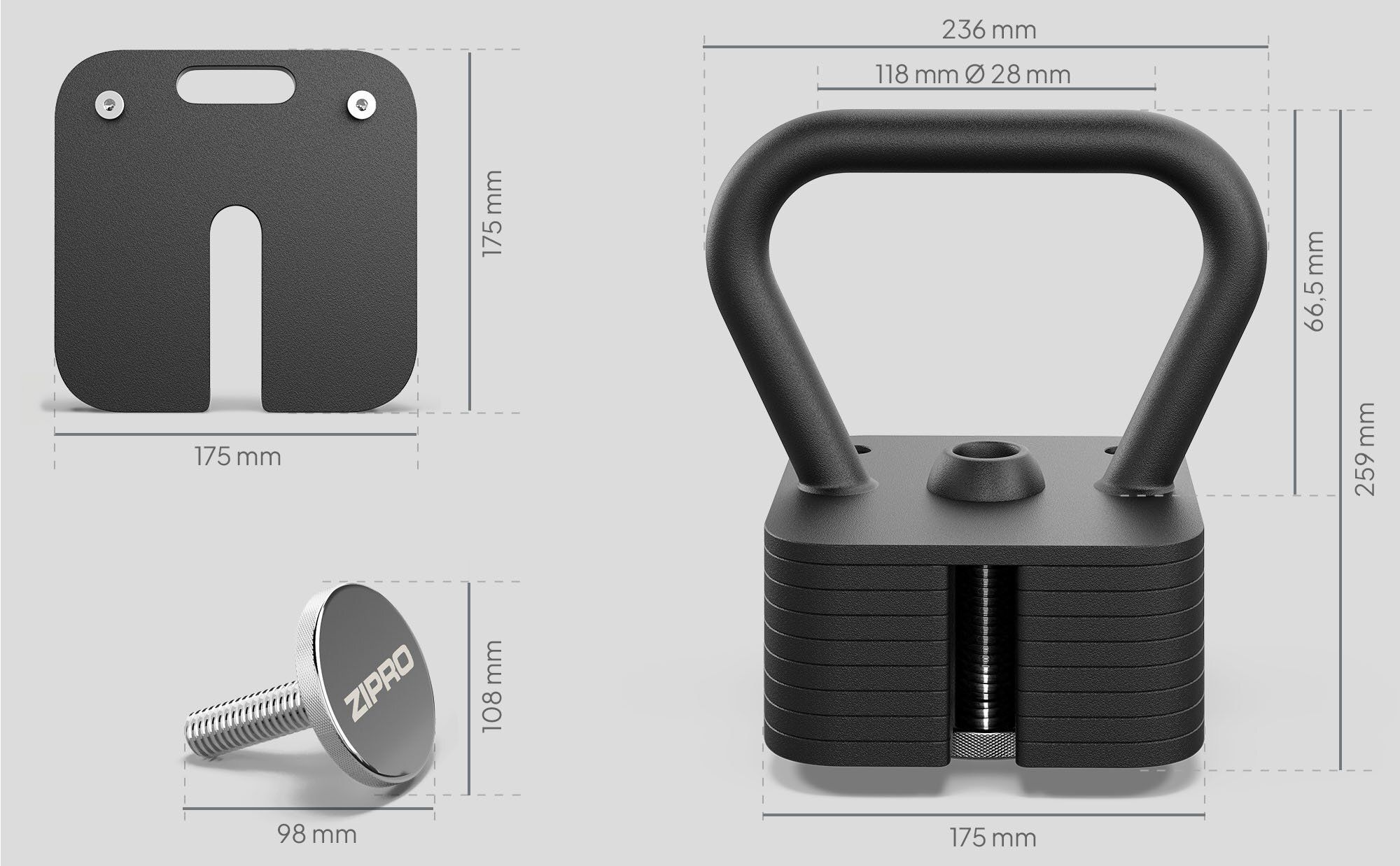 Zipro Square Kettlebell Verstellbar 19 kg – Erweiterbare Kugelhantel aus Stahl Eckiges Design Hantel Set für Crossfit & Krafttraining Komfort Anti-Rol