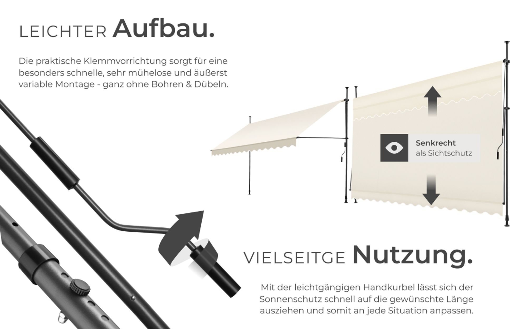 tectake® Klemmmarkise mit Handkurbel einfache Montage