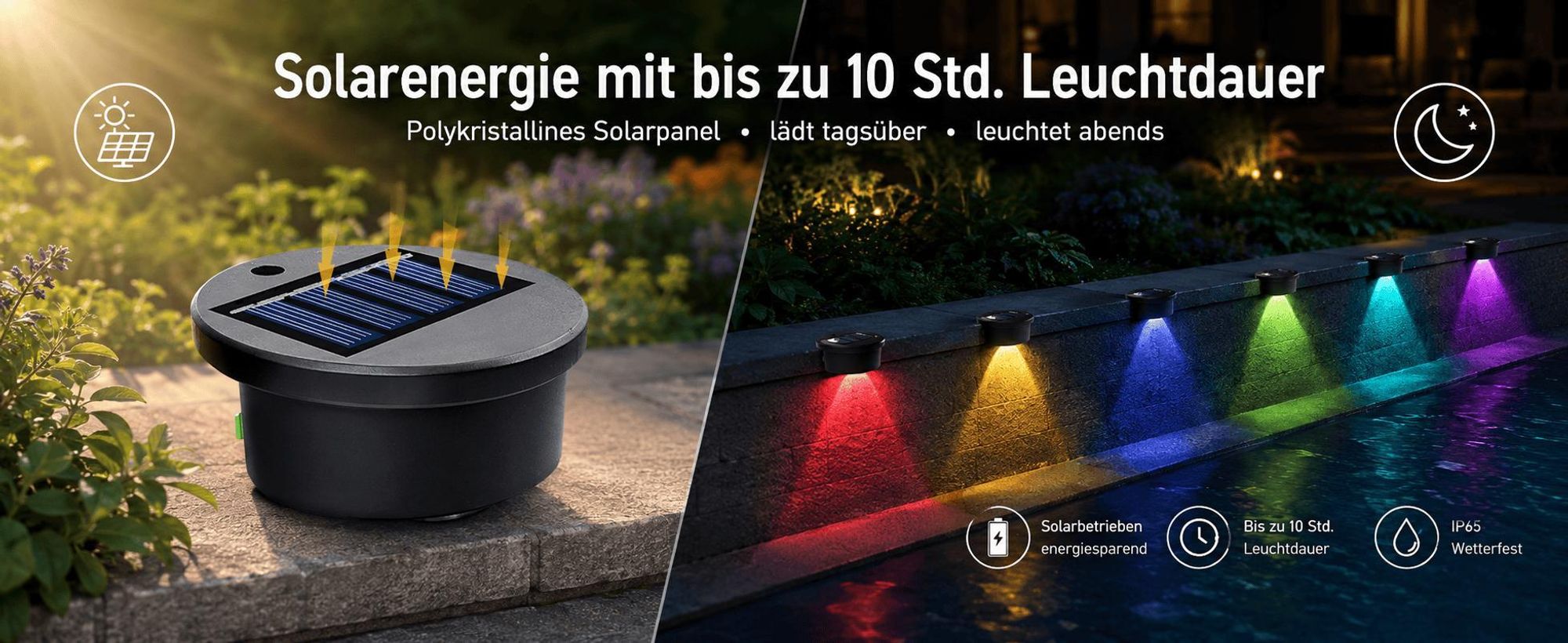 4er Set Solarleuchten Garten, wasserdicht IP65, 6 Farben LED, 10H Leuchtdauer, automatische Einschaltung bei Dunkelheit (Lichtsensor)