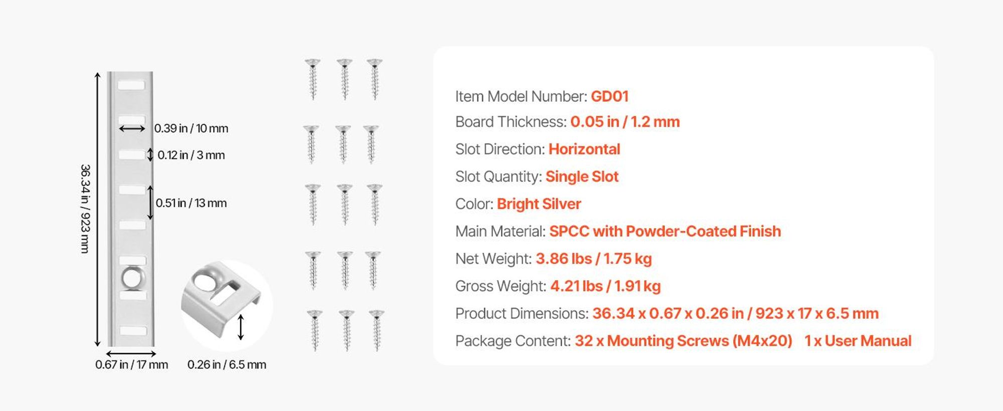 VEVOR Regalpilaster, 923 mm, 8er-Pack, verstellbare Regalhalterungen aus Stahl, Einsteck-Pilasterleisten-Standards mit 32 Schrauben