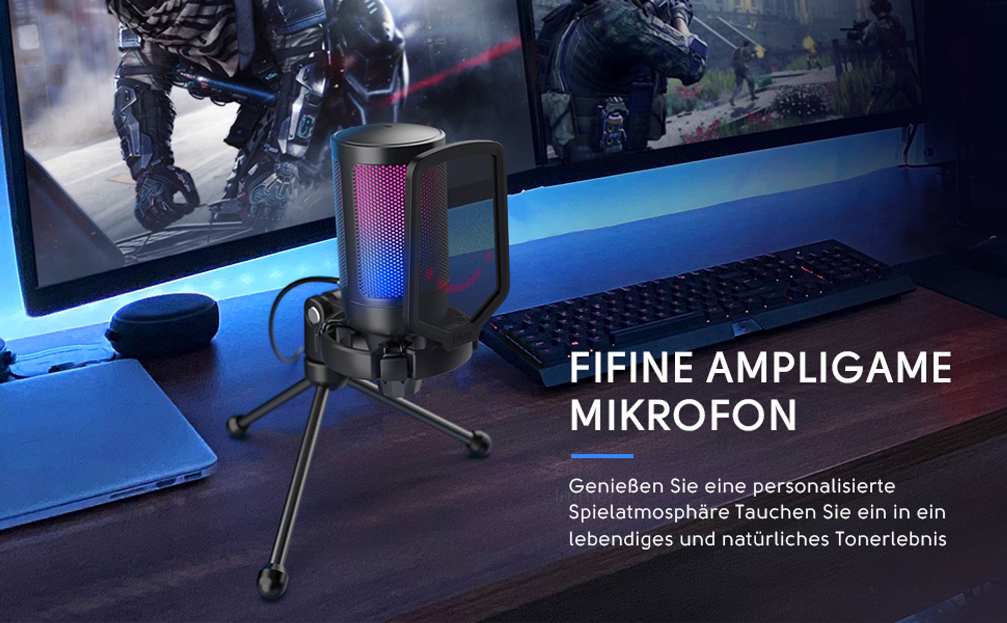 FIFINE Gaming Mikrofon PC USB Streaming Microphone mit Mikrofon Ständer, Schwarz