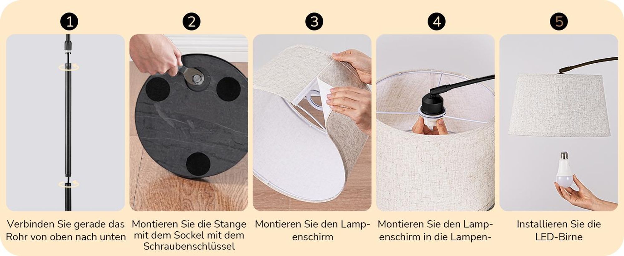 EDISHINE Stehlampe Dimmbar Wohnzimmer, Bogenlampe 143-176 cm verstellbar, mit drehbarem Lampenkopf, magnetische Fernbedienung