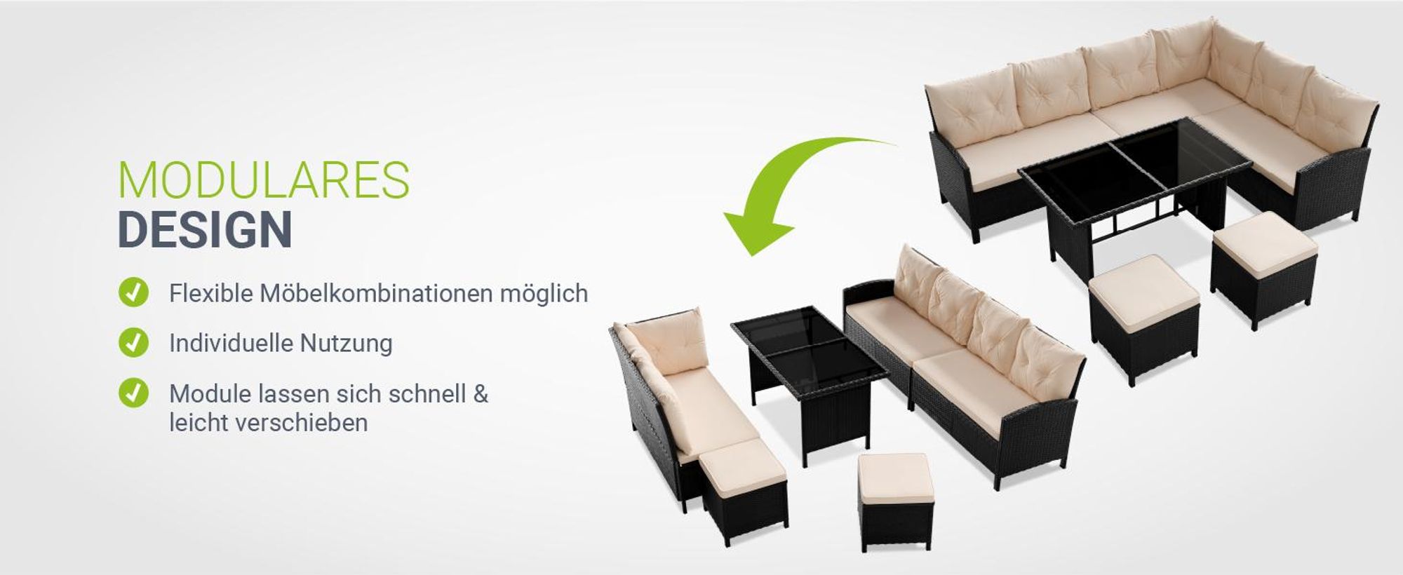 Juskys Polyrattan Lounge Manacor - Sofa, Tisch, Hocker & Kissen - Schwarz & Creme