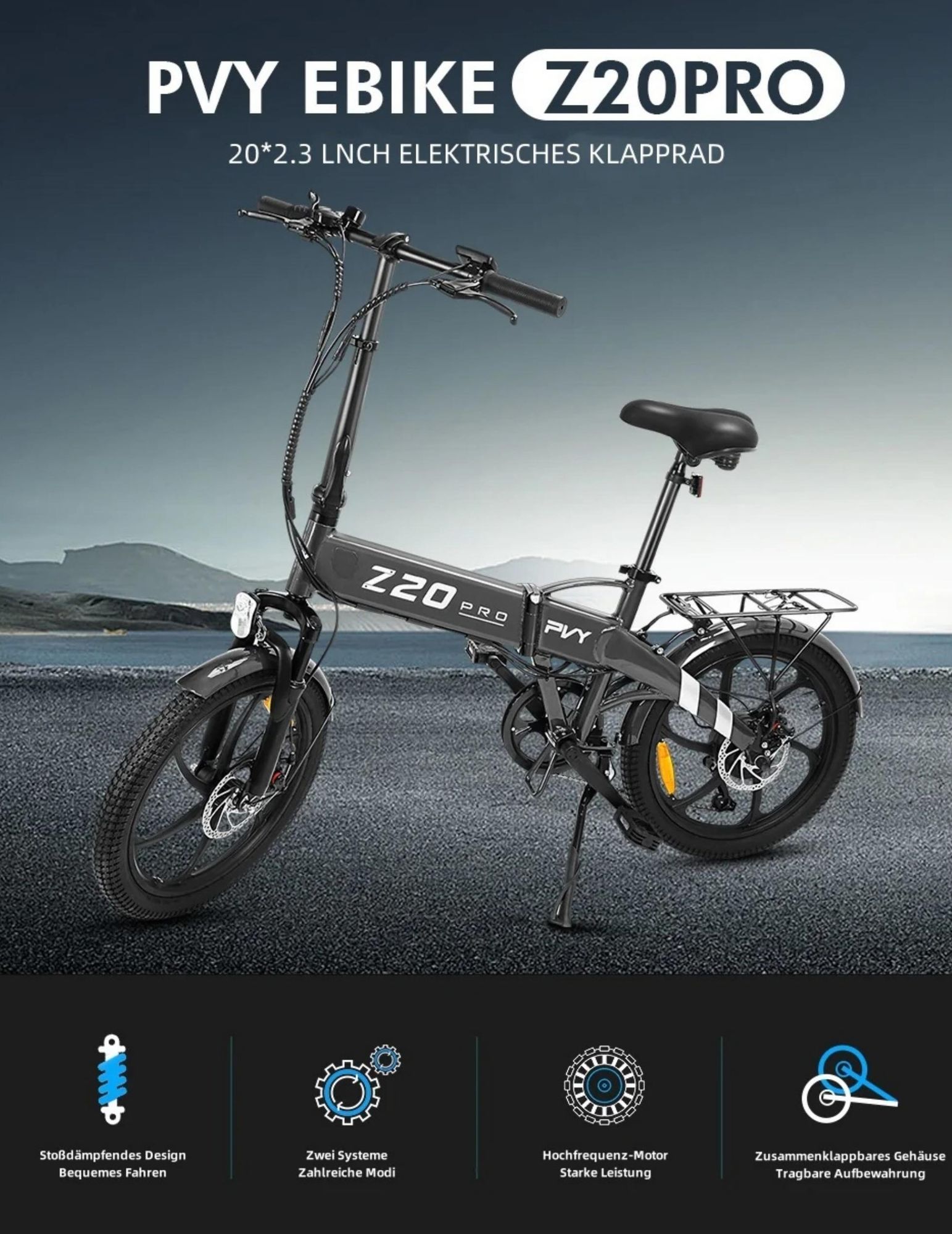 PVY Z20 Pro Elektrisches Fahrrad - 250W Motor 36V10.4AH Batterie 80KM Reichweite Mechanische Scheibenbremse - Grau