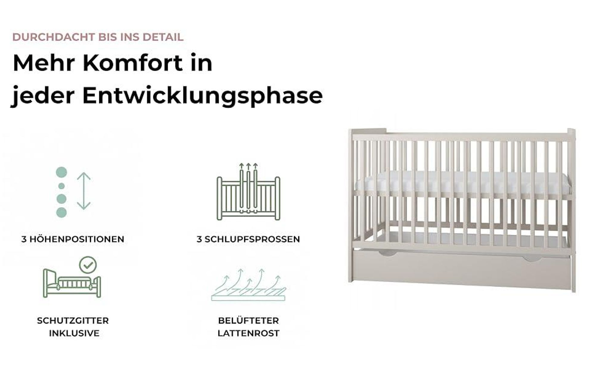 ZEE LUMI Mint Babybett 120x60 cm mit Schublade & Schutzgitter 2in1 Kinderbett aus Kiefernholz Höhenverstellbar EN 716 Juniorbett Umbau
