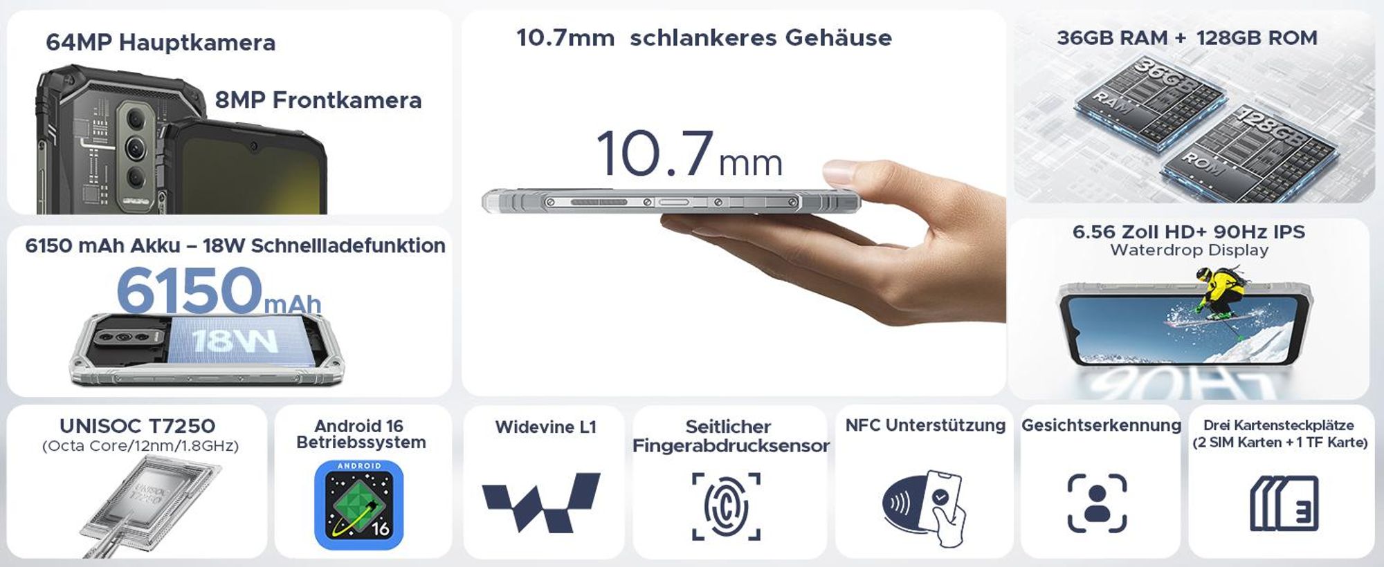 DOOGEE Blade10 Ultra Energy Outdoor Smartphone Handy, Android 16, IP68/IP69K, 6,56" 90Hz, 6150mAh, 36+128GB, 64MP, NFC, Fingerabdruck, ohne Vertrag