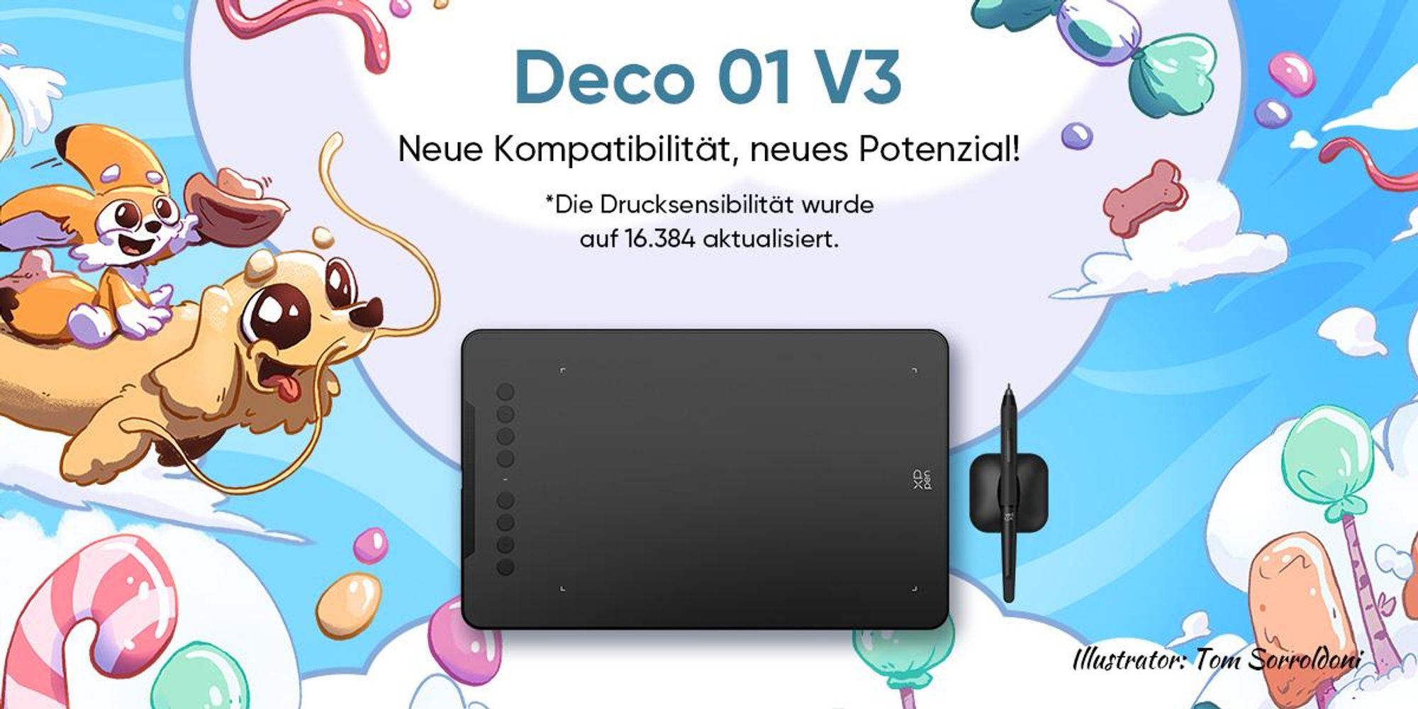 XPPen Deco 01v3 Grafiktablett, 10*6,25 Zoll Stifttablett mit 16384 Druckstufen Stift