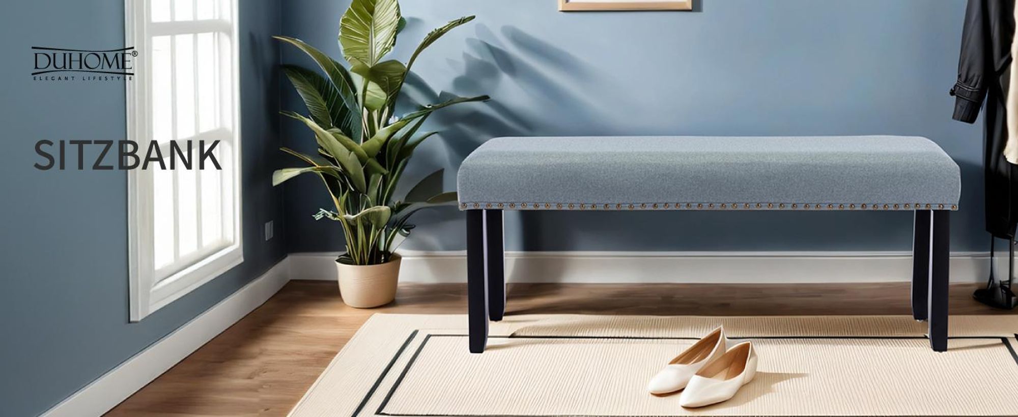 Duhome Sitzbank Flur, Gepolstert Polsterbank mit Leinenbezug Schminkbank Bettbank Fußhocker mit Holzbeine für Esszimmer Wohnzimmer, Grün-Grau