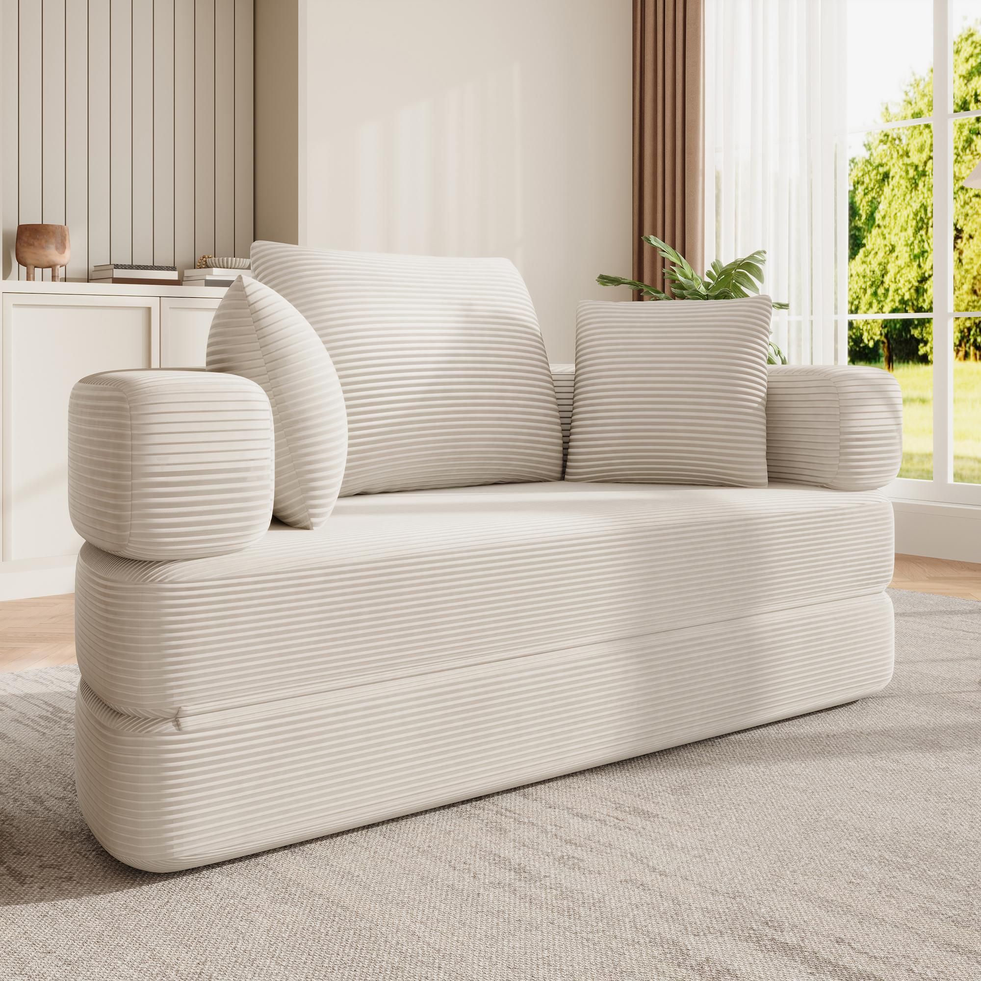 Merax Boneless Schlafsofa Polstersofa, modulares Klappsofabett mit Kissen, ovales Bodensofa aus Cordstoff, 2-in-1 Sofa Bett, Beige