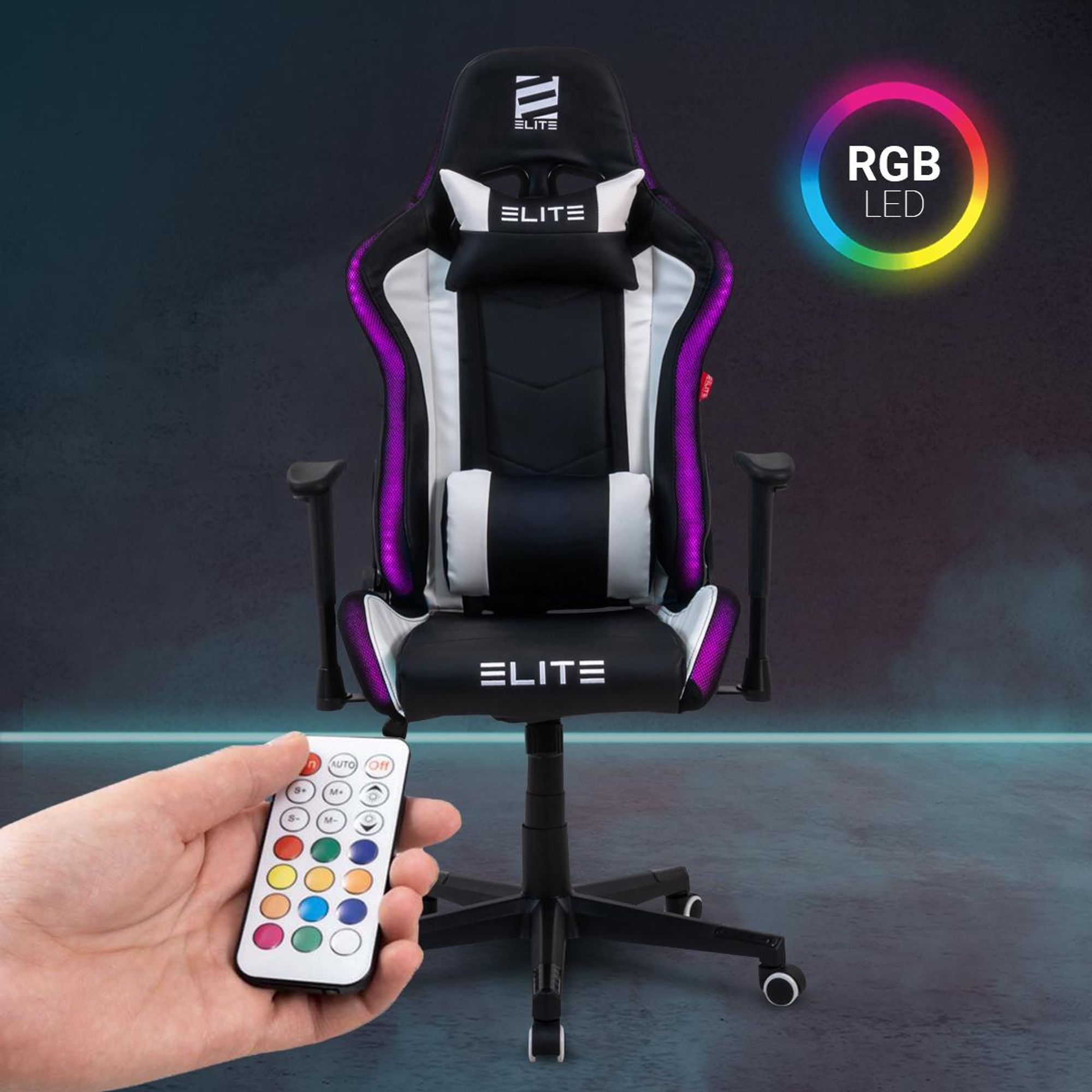 Elite Gaming Stuhl | Ergonomischer Bürostuhl - RGB-LED Schreibtischstuhl - PC Gamer Racing Stuhl - Gaming-Stuhl - Gamer Sessel - Kopfstütze (Schwarz)