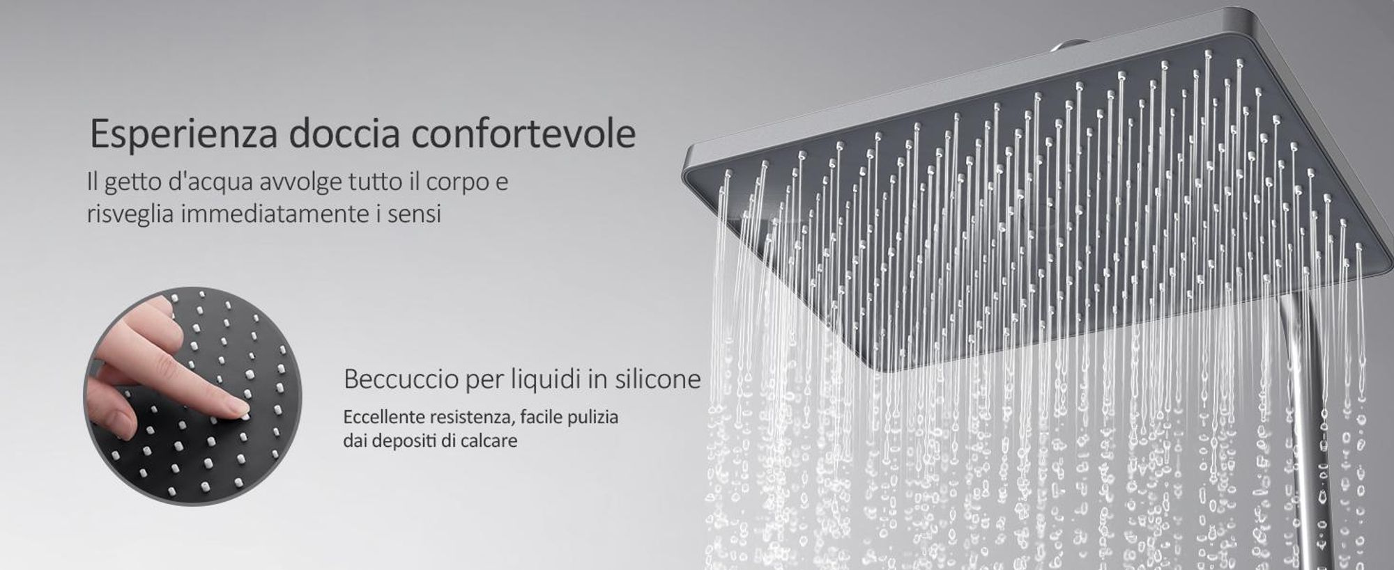 Sistema doccia EMKE con termostatico mensola in vetro doccetta 3 modalità di getto doccia a pioggia, rubinetteria per vasca e doccia,  KTW, grigio - F09