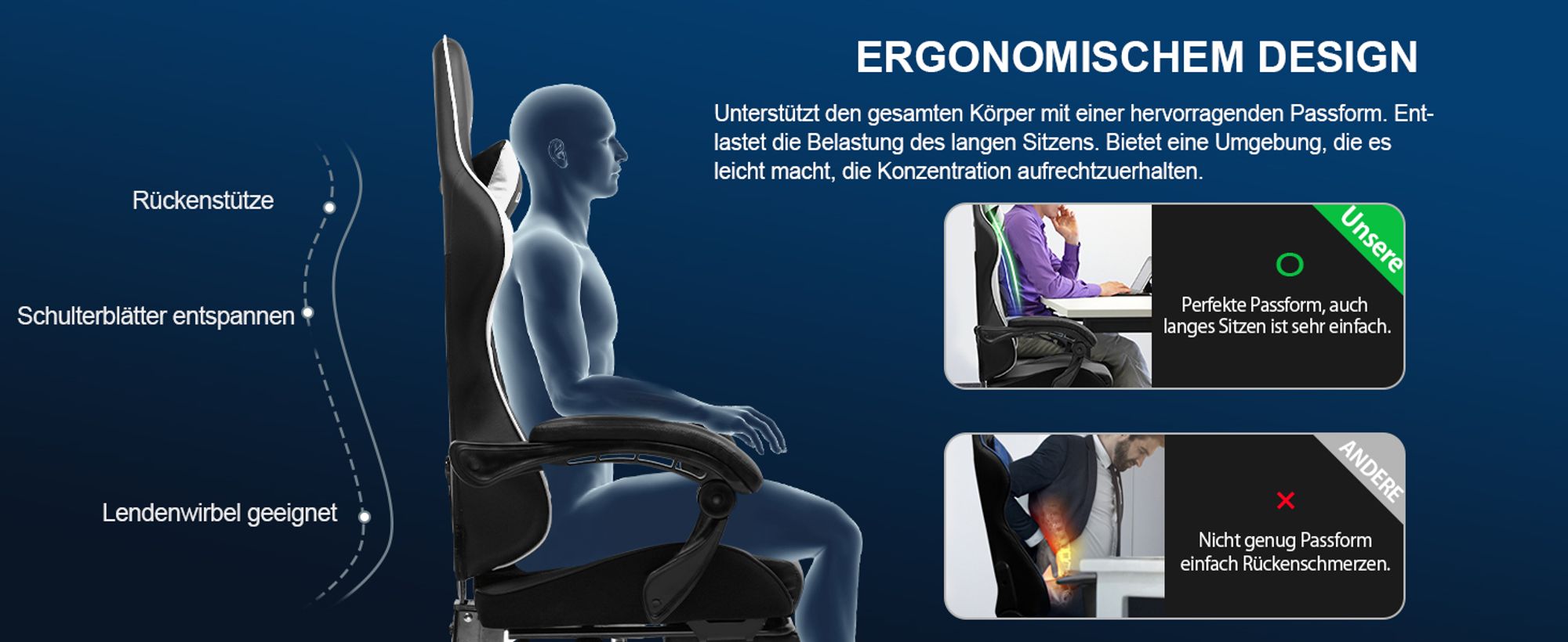 LUCKRACER Gaming-Stuhl Gaming Chair Bürostuhl Ergonomisch mit Lendenkissen Kopfkissen, Höhenverstellbarer Gamer Stuhl 150kg Belastbar, Fußstütze weiß