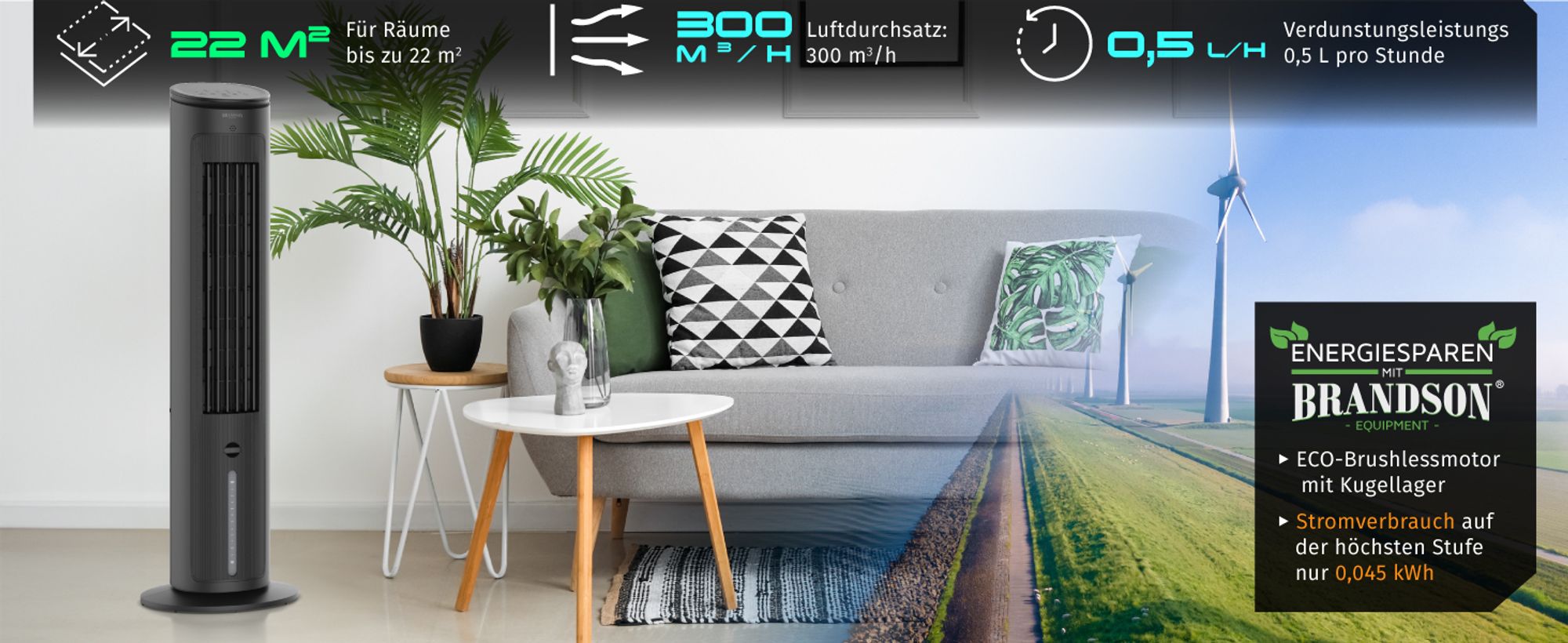 Turmventilator neben Sofa und Pflanzen, daneben Angaben zu Leistung und Verbrauch