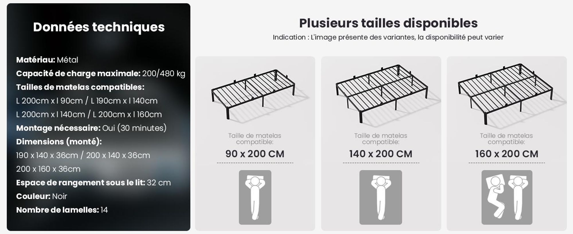 Lit 140 x 190 cm, sommier avec rangement, lits KUTAS avec 14 rangées de lattes métalliques et pieds en forme d'éventail, style industriel, jusqu'à 480 kg, noir