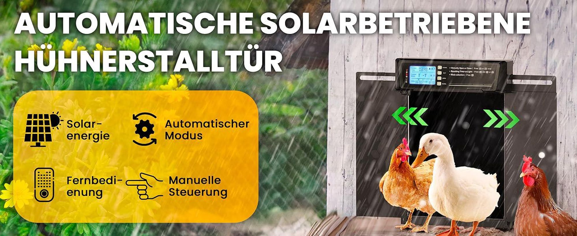 Automatische Hühnerklappe, Türöffner Hühnerstall, Hühnertür Automatischer Türöffner, Elektrische Hühnerklappe, LCD Display, Fernbedienung, Lichtsensor