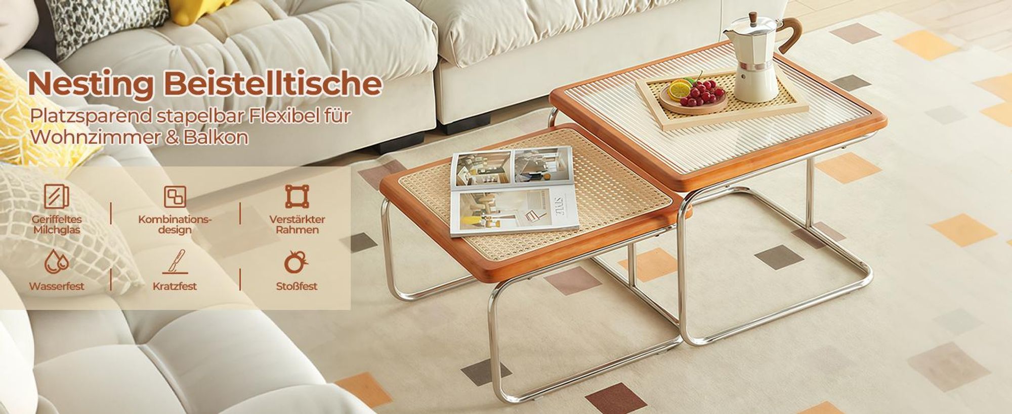 2er Set Couchtisch Beistelltisch 56 x 41 cm & 50 x 34 cm Wohnzimmertisch Sofatisch Kaffeetisch Metallrahme Karamellbraun