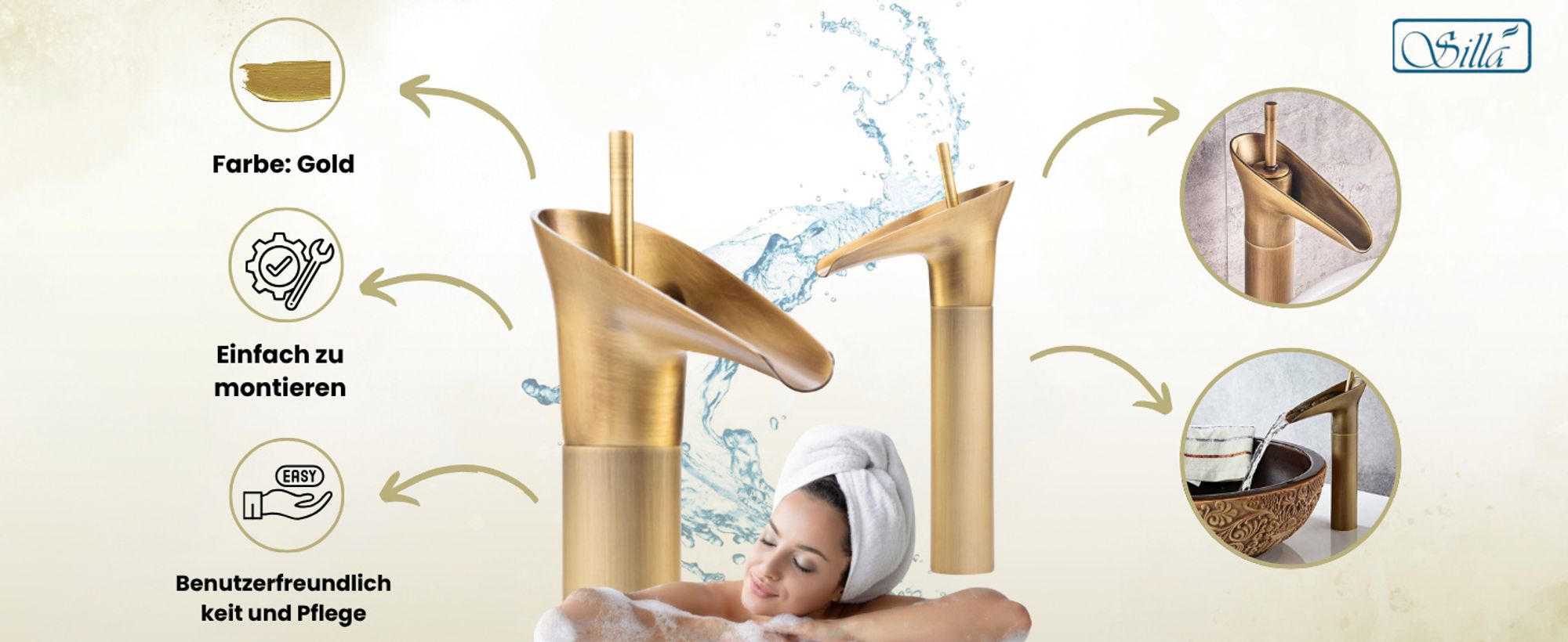 Silla, Gold, Wasserhahn, Spültischarmatur, Messing, Einhebelmischer, Bad, Armatur
