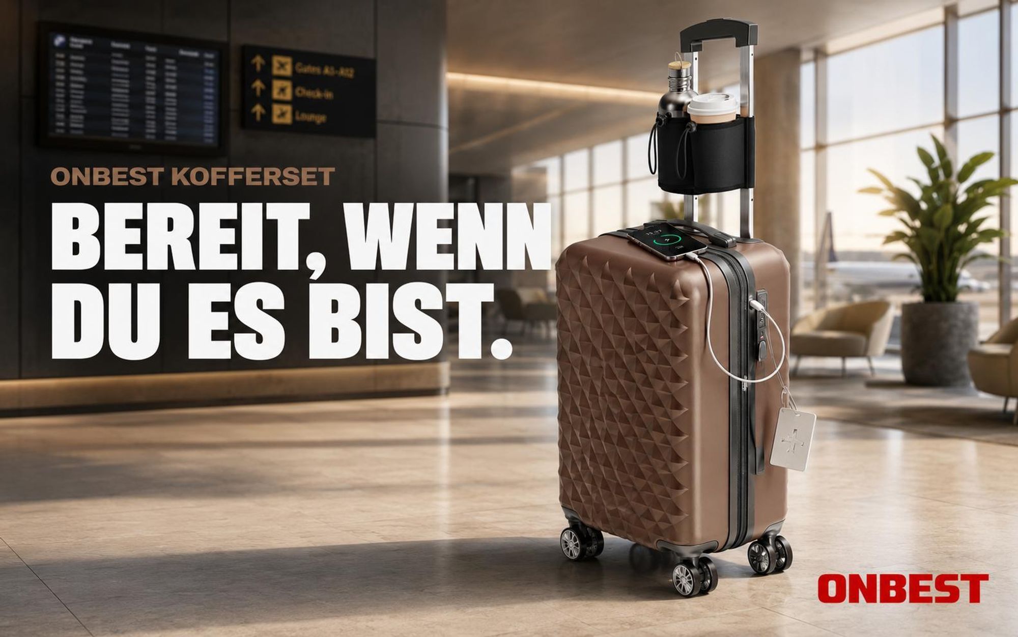 ONBEST Hartschalen Koffer Set | 4-teilig | Braun | mit TSA-Schloss | USB-Anschluss | viel Zubehör | 360° Doppelrollen