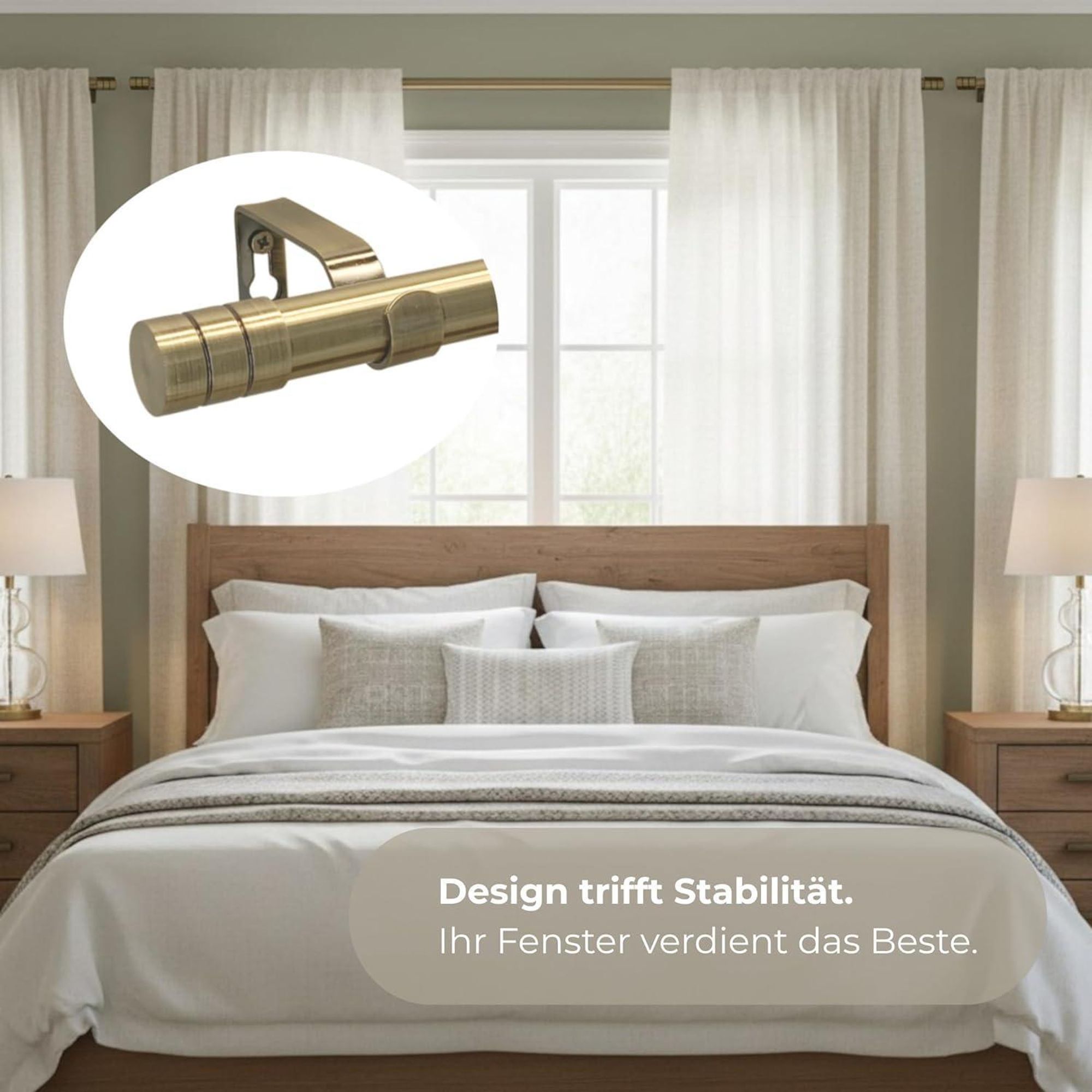 LOFT 320 cm Doppelte Gardinenstange 19 mm aus Metall mit Endstück FREZ Komplettset mit Ringen und Clips Inklusive Montagezubehörset Farbe Antikgold